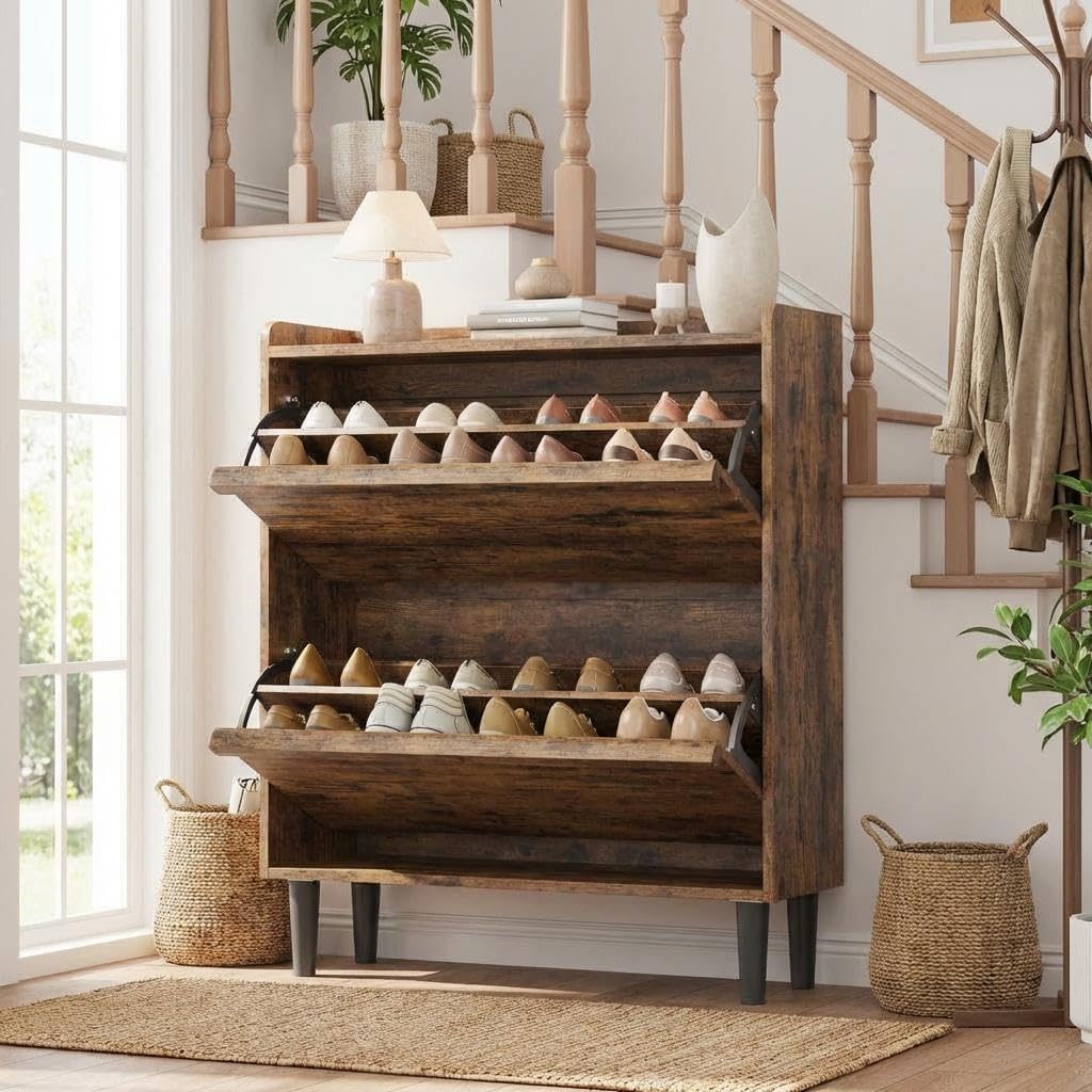 Garvee Shoe Cabinet with 2 Flip Drawers Narrow Cabinet with Adjustable and Removable Shelves Modern Wooden Shoe Organizer with Hidden Handle for Entryway Hallway Living Room Rustic Brown