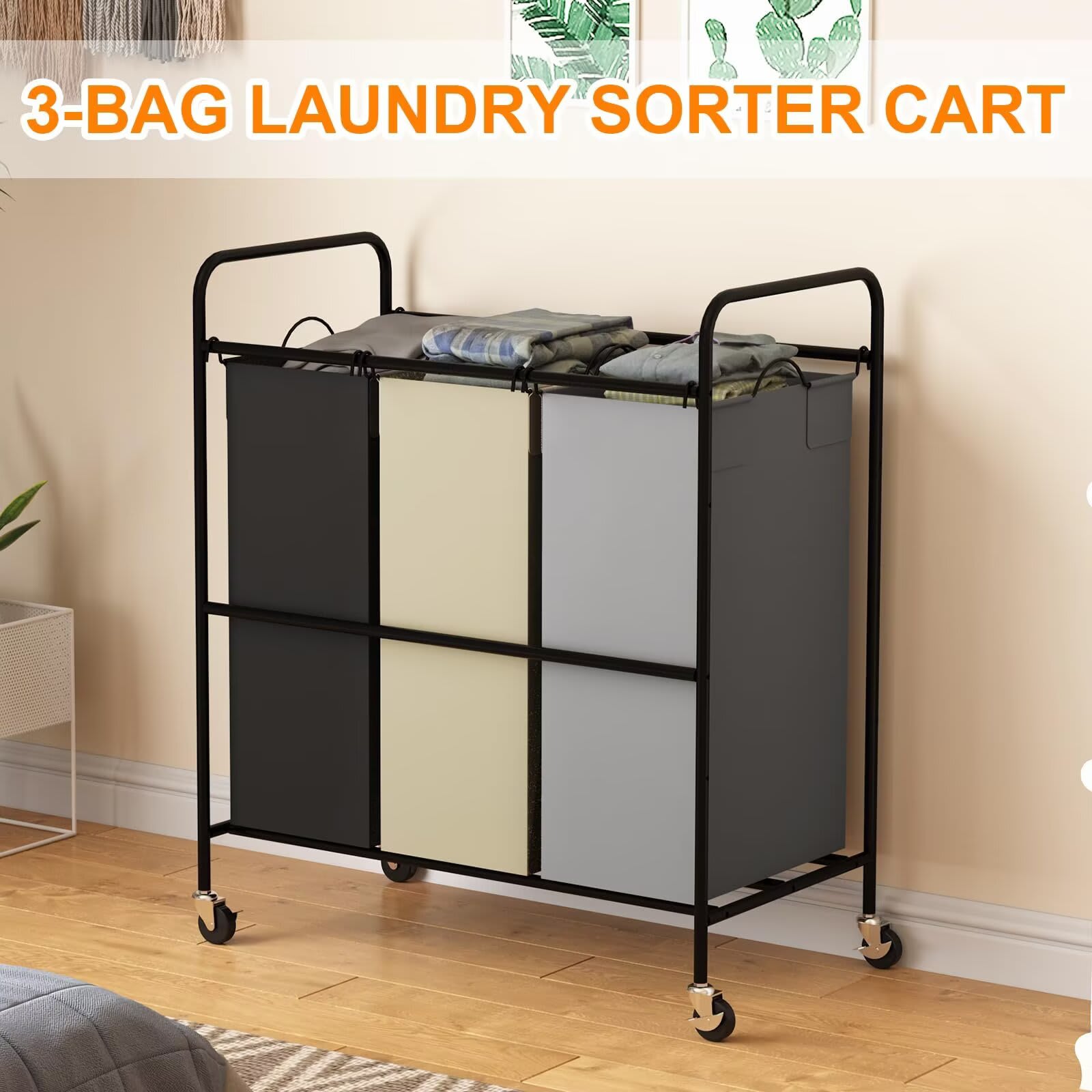 Qeetex 3-Bag Laundry Sorter Cart 120L Rolling Laundry Hamper with