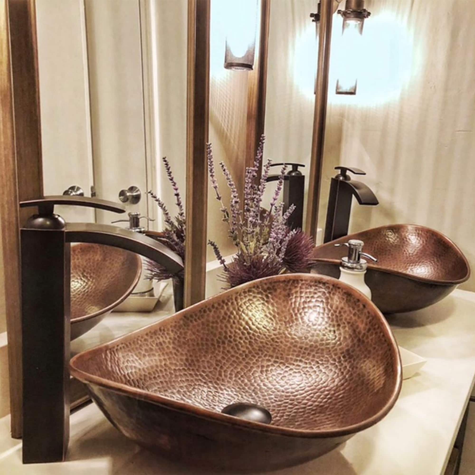 SINKOLOGY SB305-19AC Confucius Copper Vessel Oval Rustic Antique Copper Bathroom Sink ( 19-in x 14-in )