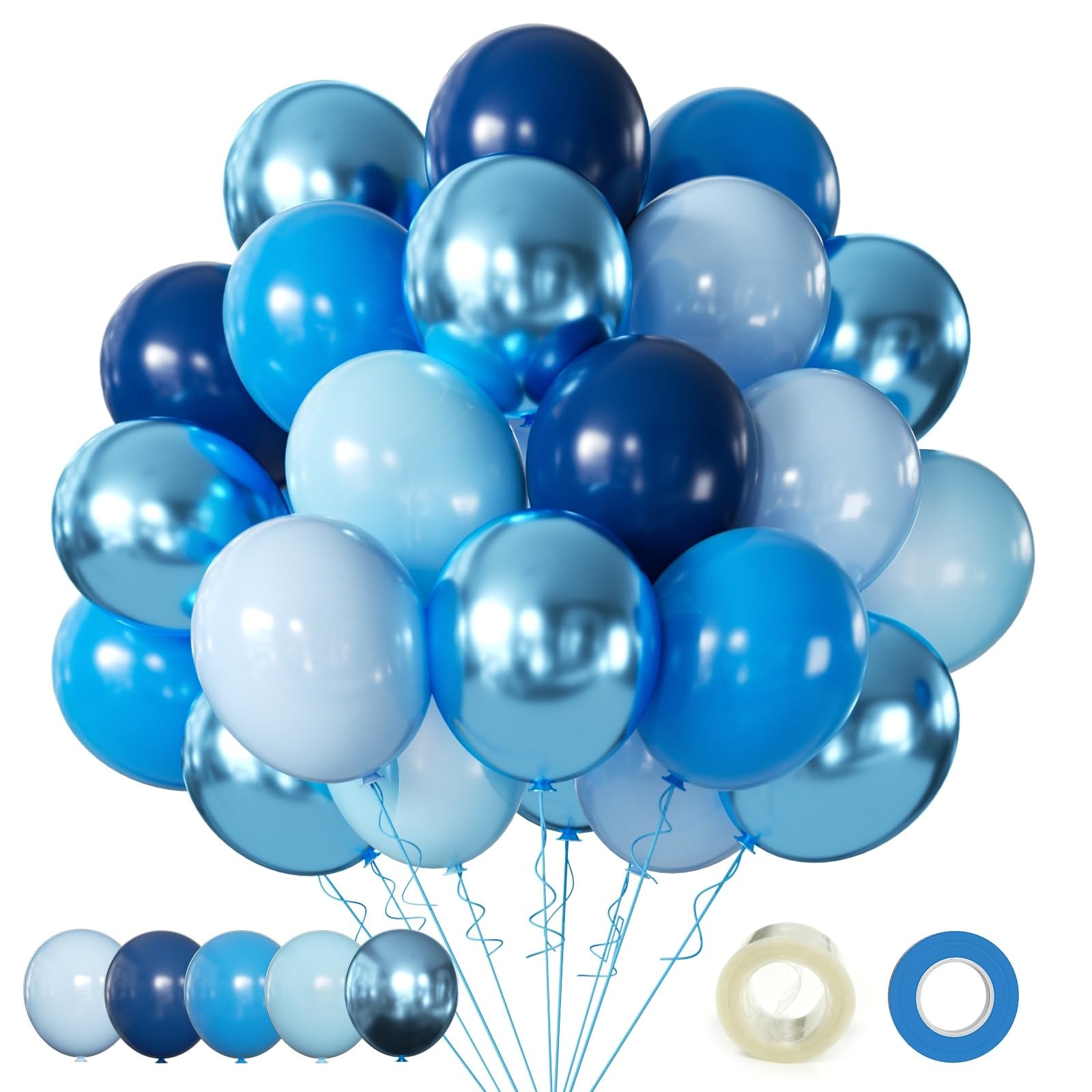 Anqtovp  Blue Balloons Kit 60pcs 12 Inch Metallic Chrome Light Pearl Navy Blue Latex Balloons with Ribbon for Birthday Wedding Party Decoration
