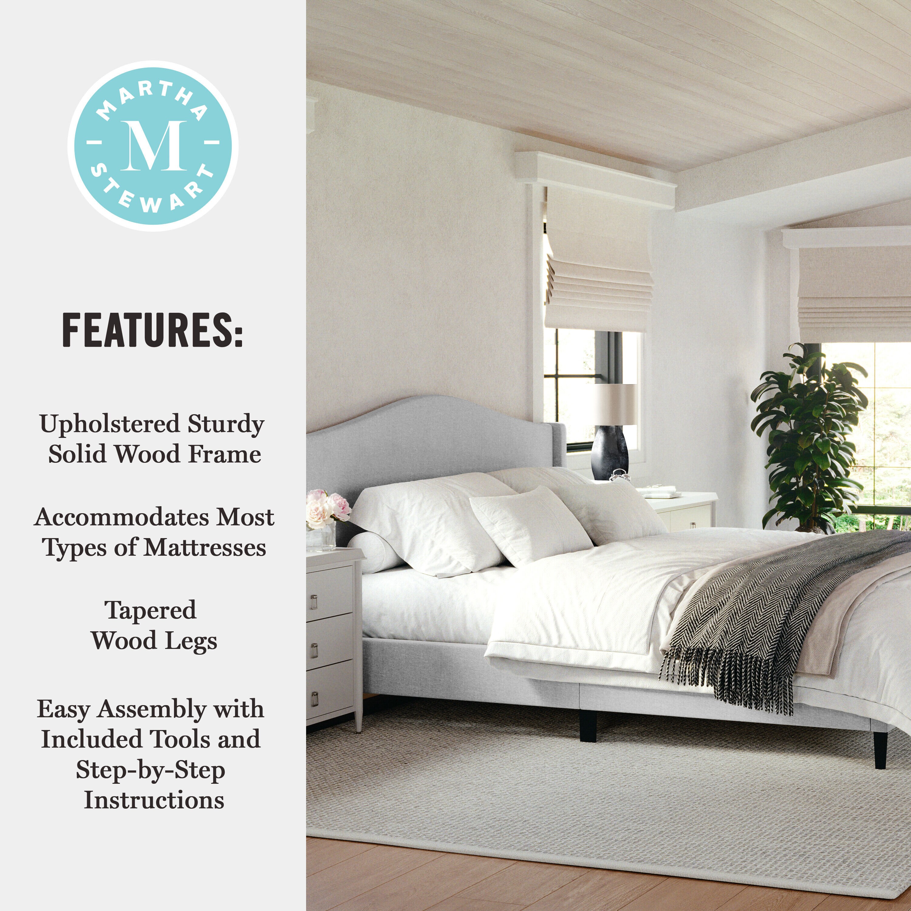 King Gray Linen Upholstered Platform Bed with Curved Headboard