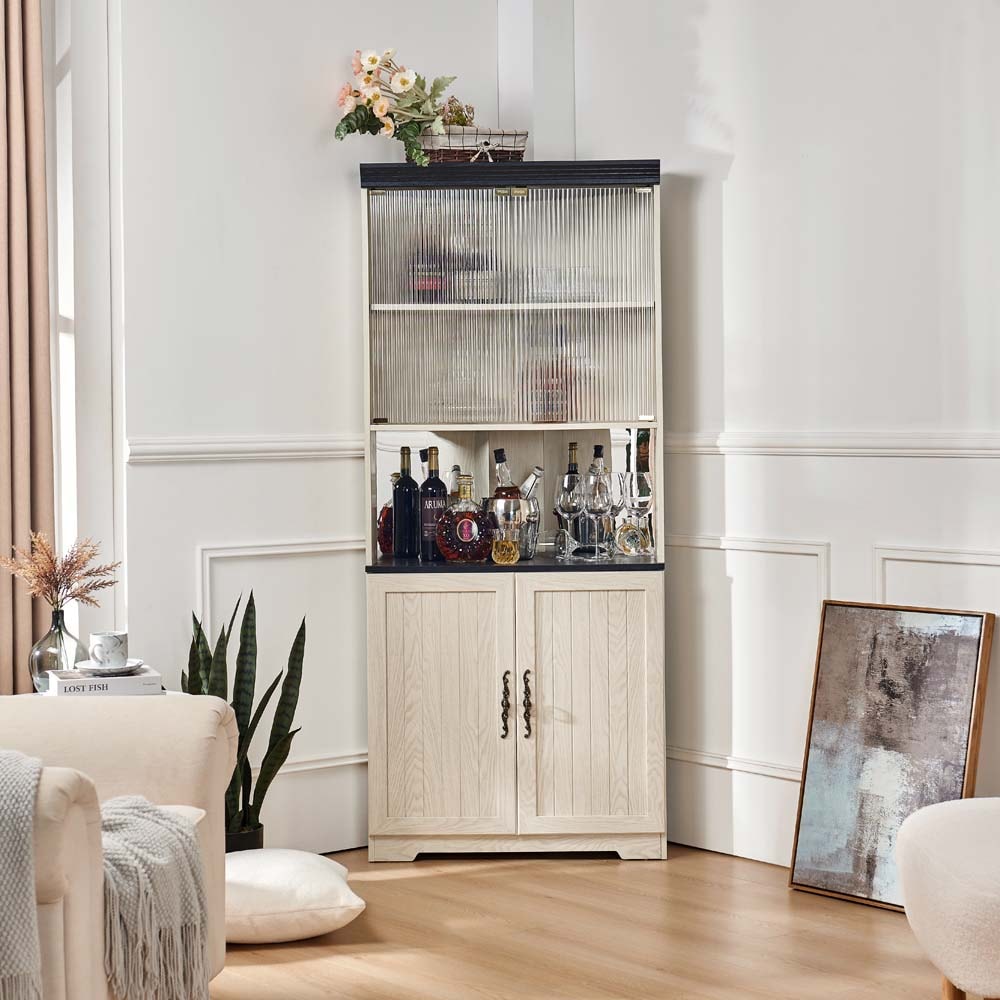 SereneVita 30.35-in W x 70.86-in H White MDF Freestanding Utility Storage Cabinet Modern Tall Wooden Corner Cabinet With Adjustable Shelves 5 Tiers Wine Cabinet for Living Room Kitchen