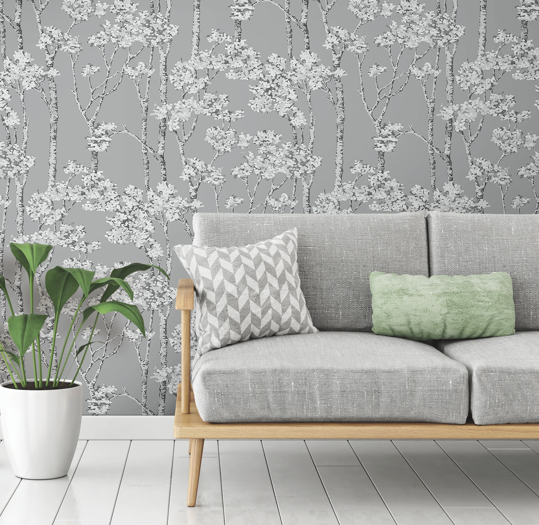 Grey Birch Grove Vinyl Peel and Stick Wallpaper Roll