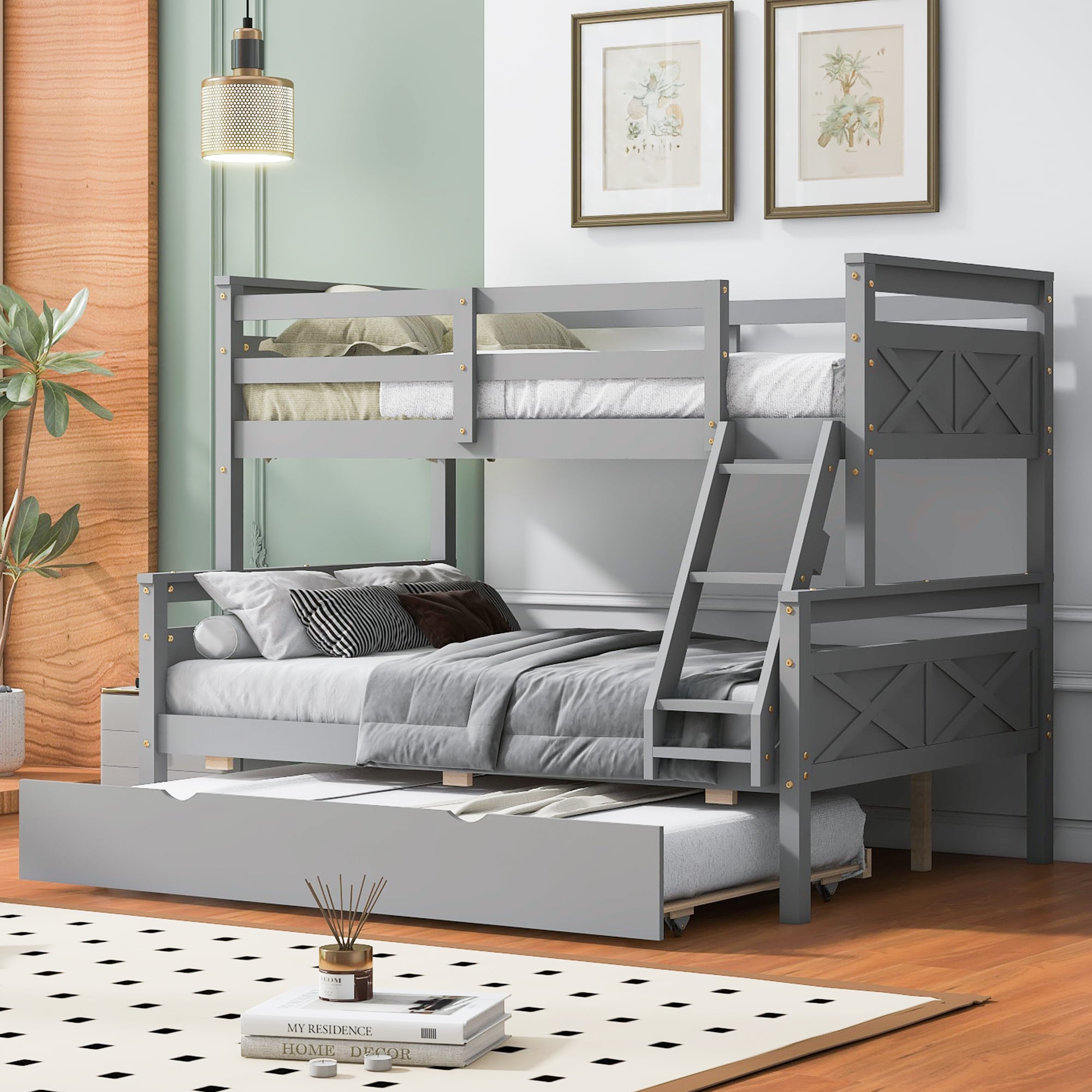 LOVMOR  Twin over Full Bunk Bed with Ladder Twin Size Trundle Safety Guardrail Gray