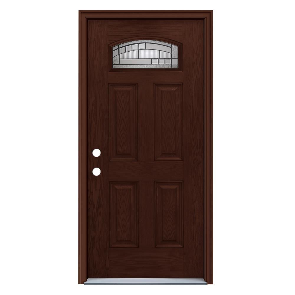 JELD-WEN LOWOLJW232300007 36-in x 80-in x 4-9/16-in Fiberglass 1/4 lite Right-hand inswing Coffee Bean Stained Prehung Front Door with Brickmould Insulating core