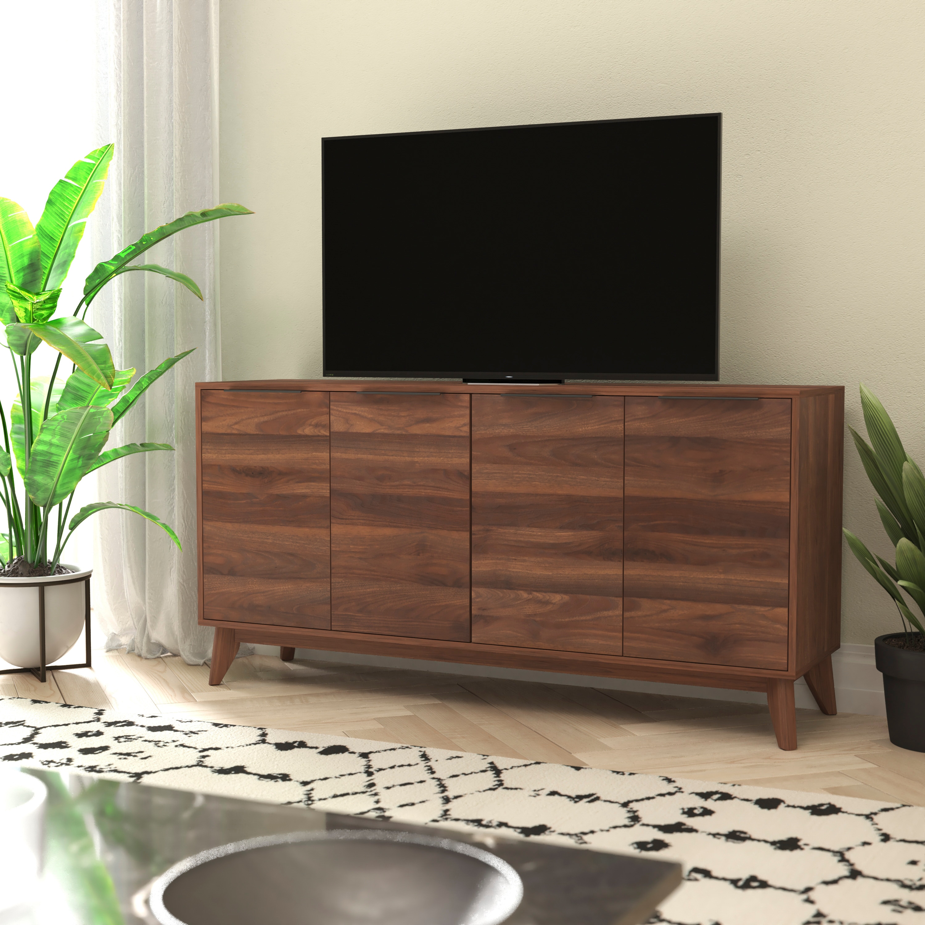 Flash Furniture 840196352442 Hatfield Mid-Century Modern 60 Inch 4 Door Storage Buffet Sideboard; 4 Soft Close Doors; Adjustable Shelves; TV Stand for up to 64-in TVs; Dark Walnut