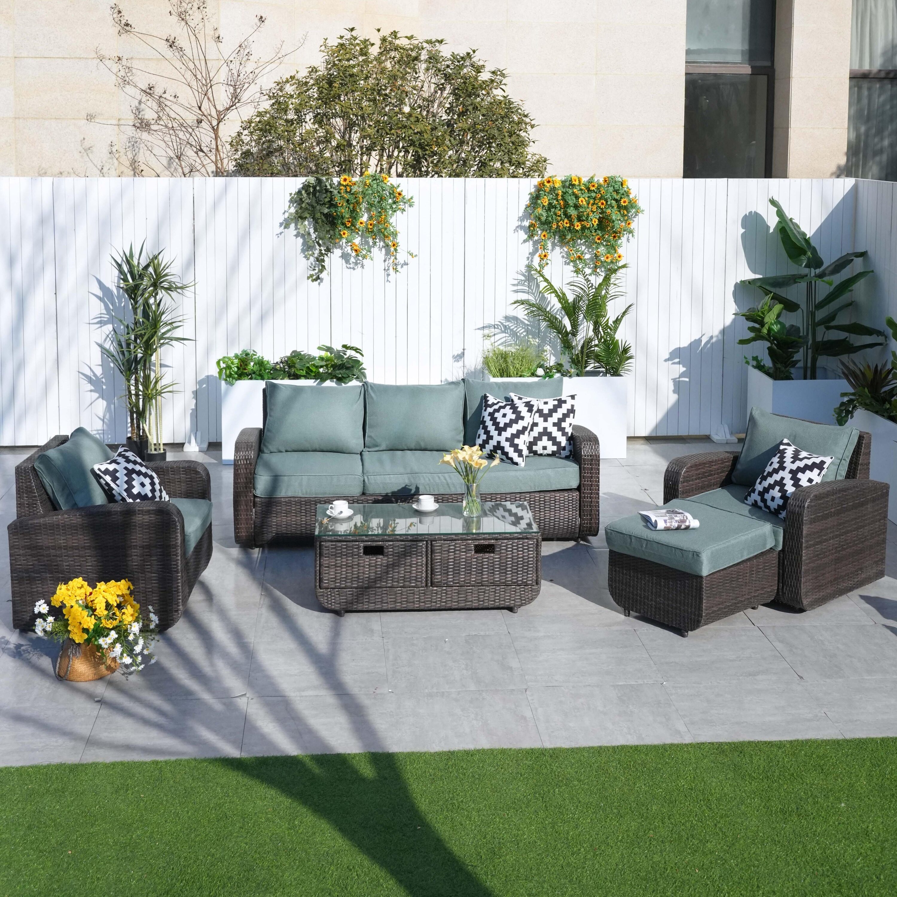 Direct Wicker DWS-1515BR-CE 5 -Piece Wicker 3 Patio Sofa Conversation Set with Green Cushions