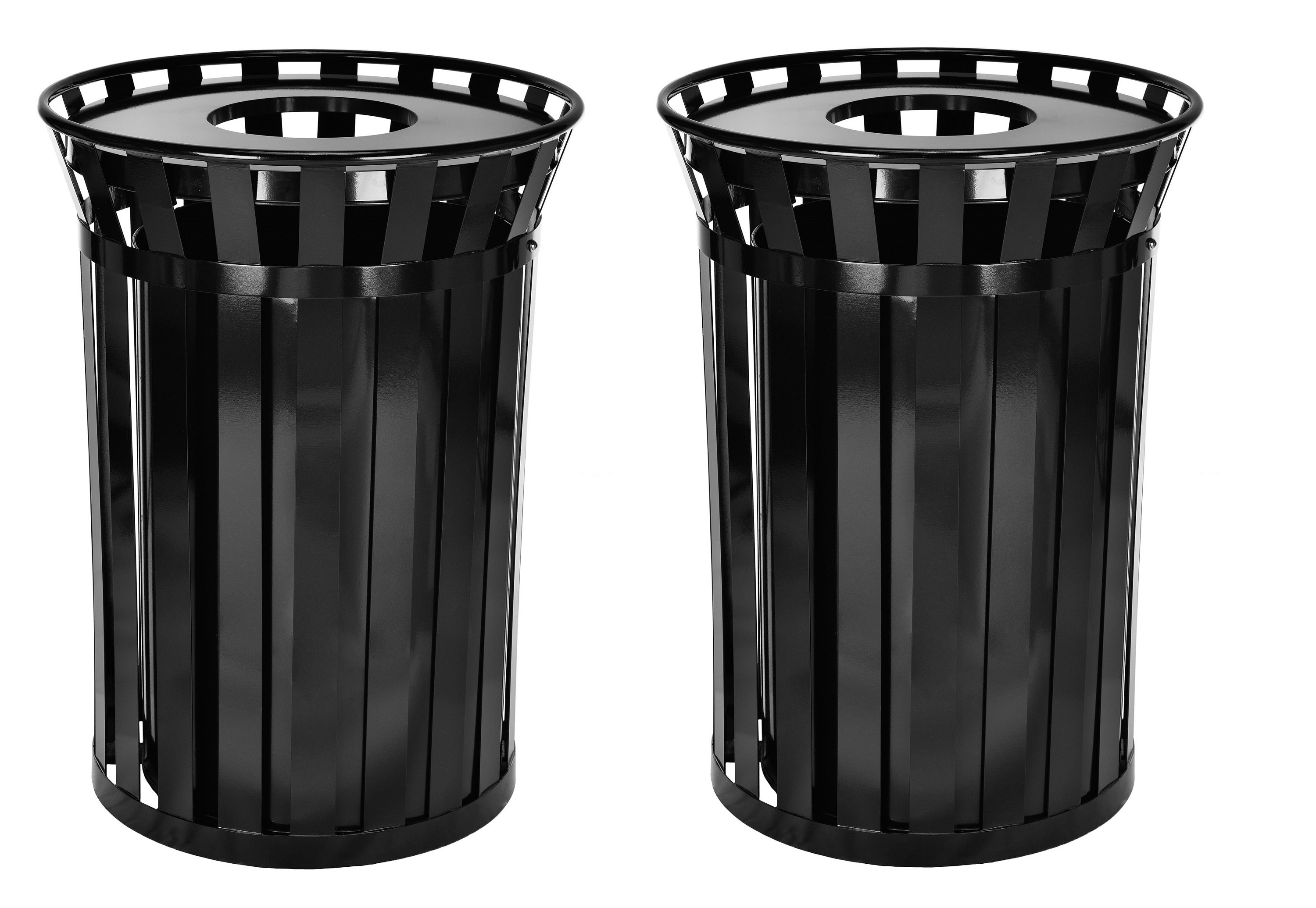Alpine Industries 2-Pack 38 Gallon Black Metal Slatted Commercial Outdoor Trash Can Receptacle with Removable Liner