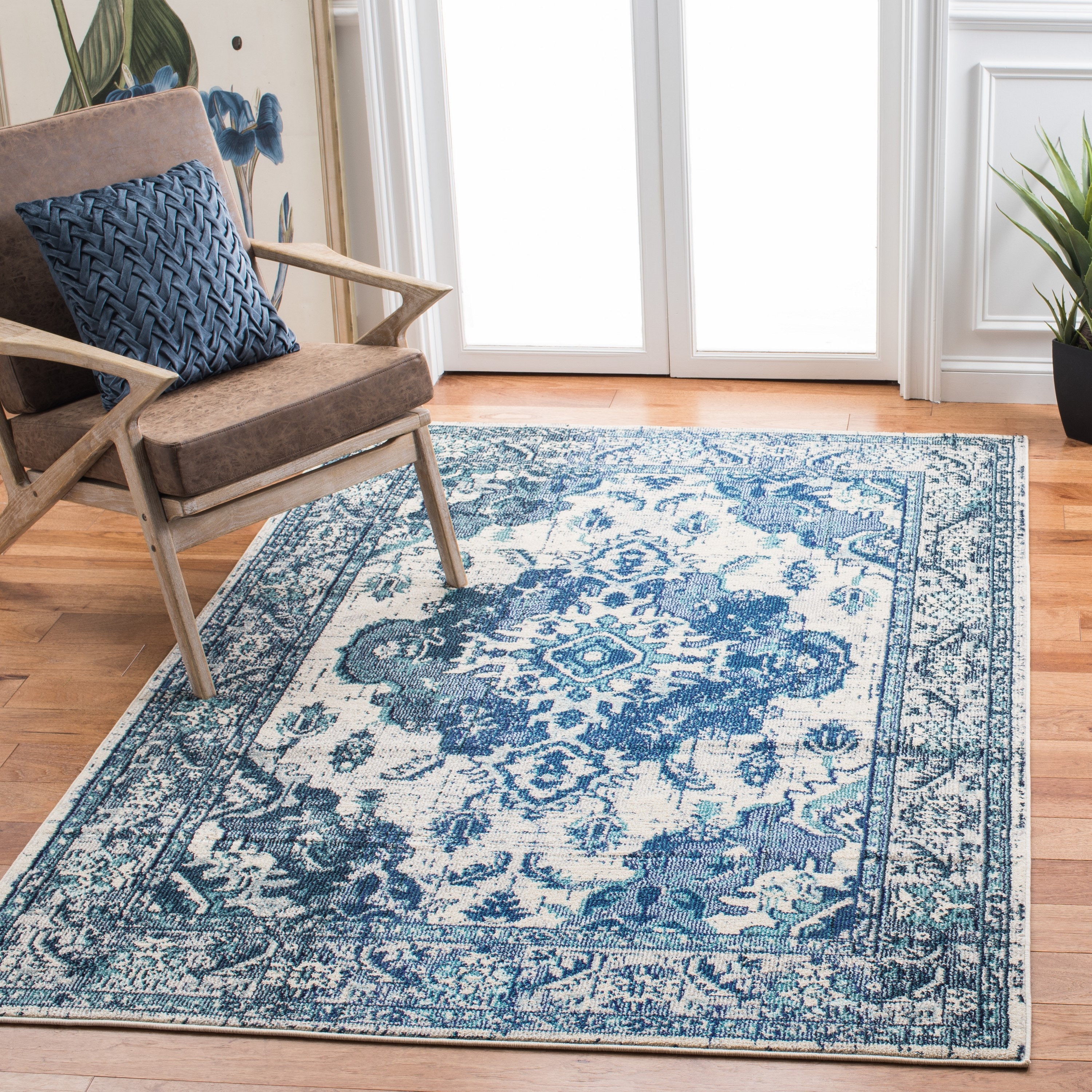 Safavieh MNC243A-3 Monaco Mahal 3 x 5 (ft) Loomed Polypropylene Ivory/Blue Rectangular Indoor Distressed/Overdyed Oriental Throw rug