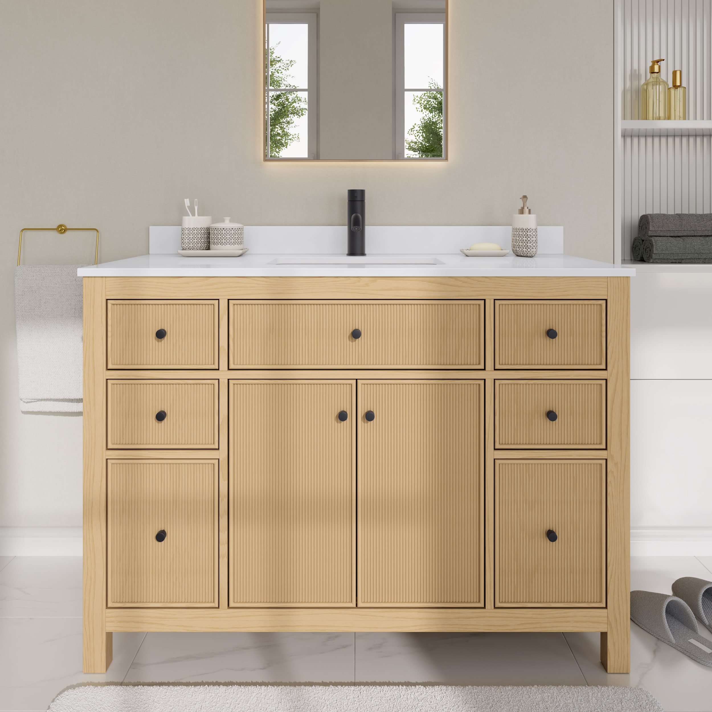 Wyndham Collection Pendry 48-in Tanned Oak with Matte Black Trim Undermount Single Sink Bathroom Vanity with White Cultured Marble Cultured Marble Top