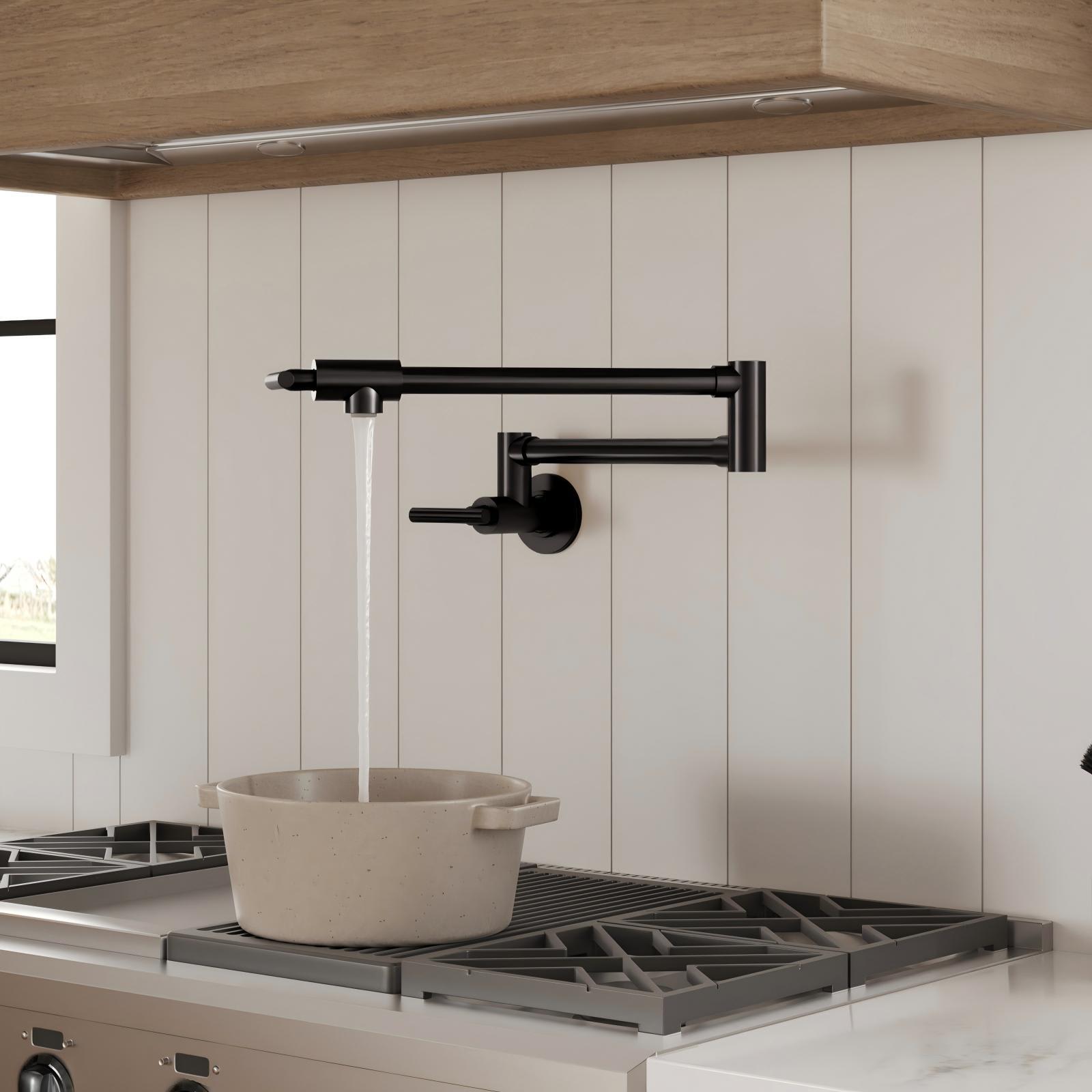 EVERSTEIN Matte Black Pot Filler Faucet 2-Handle Wall Mount Swing Arm Folding Pot Filler Kitchen Faucet