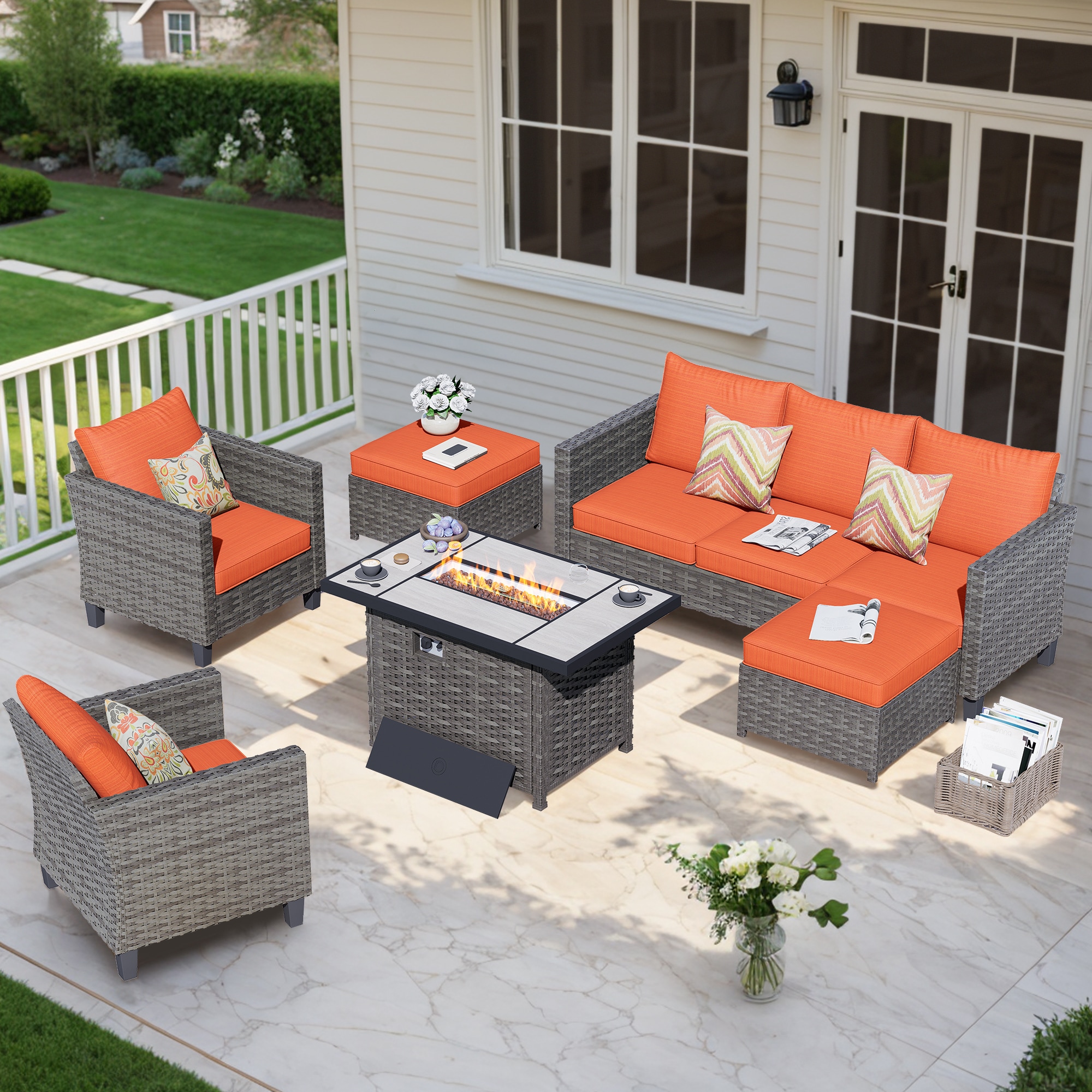 Pouuin SRFPGRS805 6 -Piece Wicker Patio Sofa Conversation Set with Orange Cushions