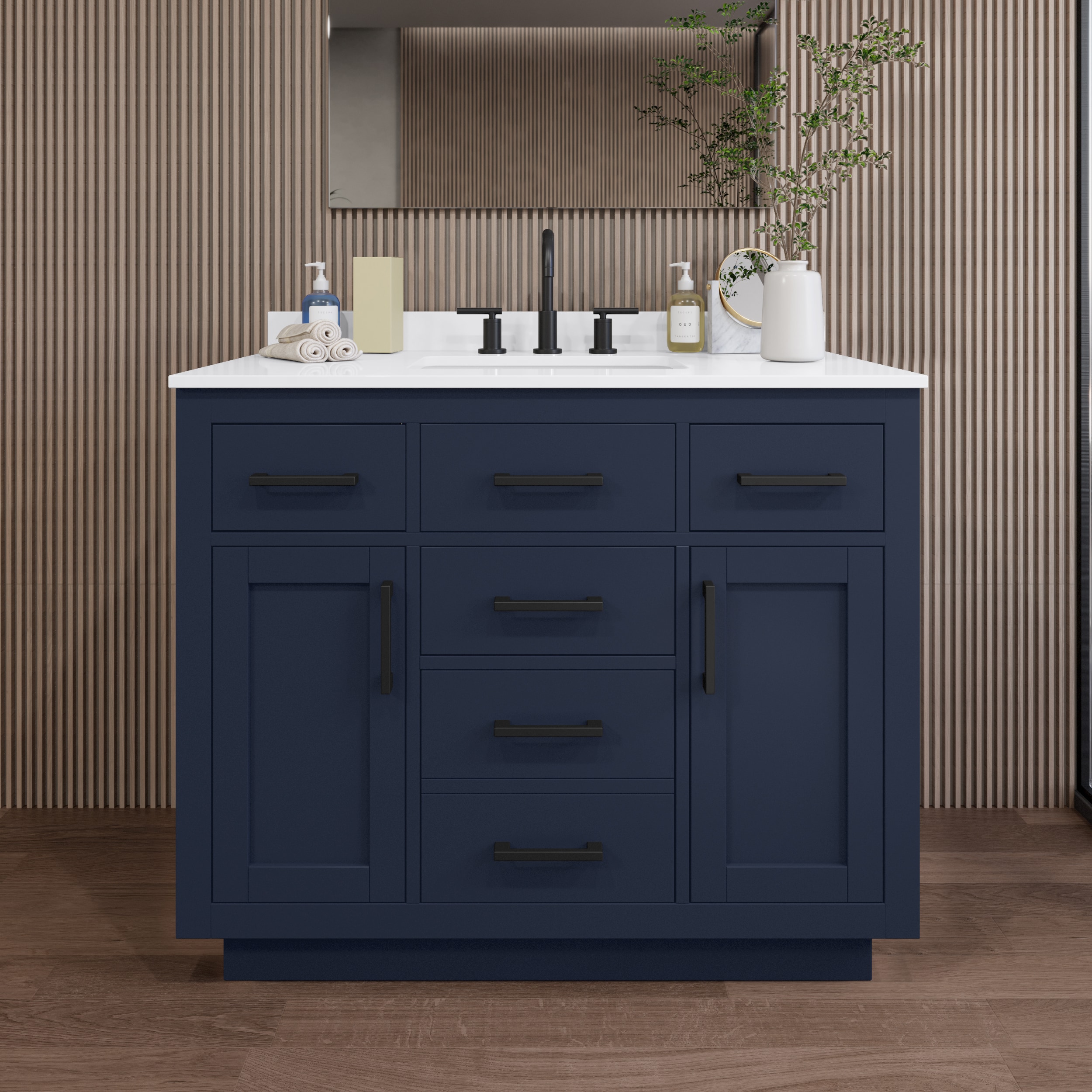 Wyndham Collection WCG262642SBBWQUS3MXX Beckett TK 42-in Dark Blue with Matte Black Trim Undermount Single Sink Bathroom Vanity with White Quartz Quartz Top