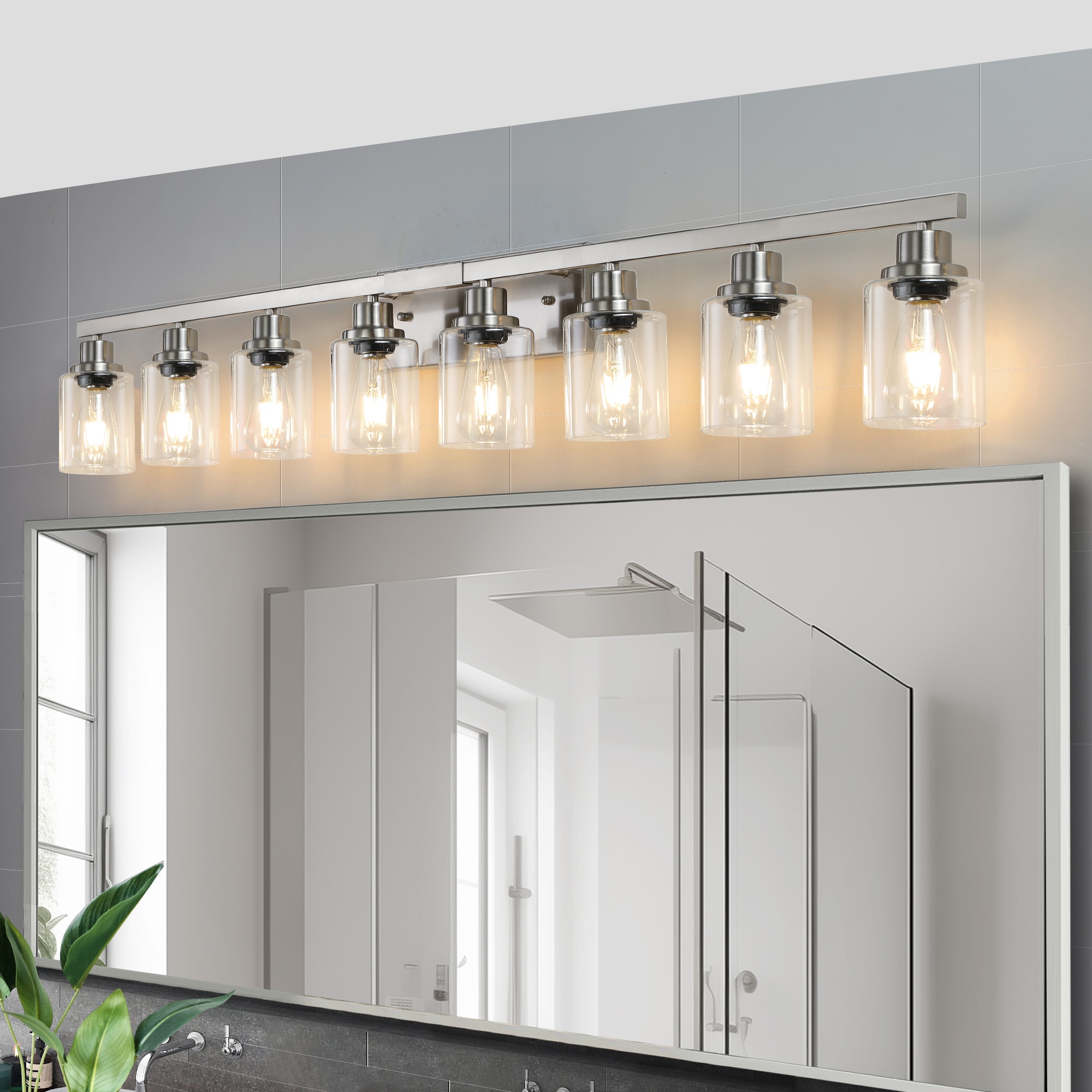 WELLFOR GASL109 Vanity Light with Clear Glass Shades 51.2-in 8 -Light Brushed Nickel Modern/contemporary Vanity light