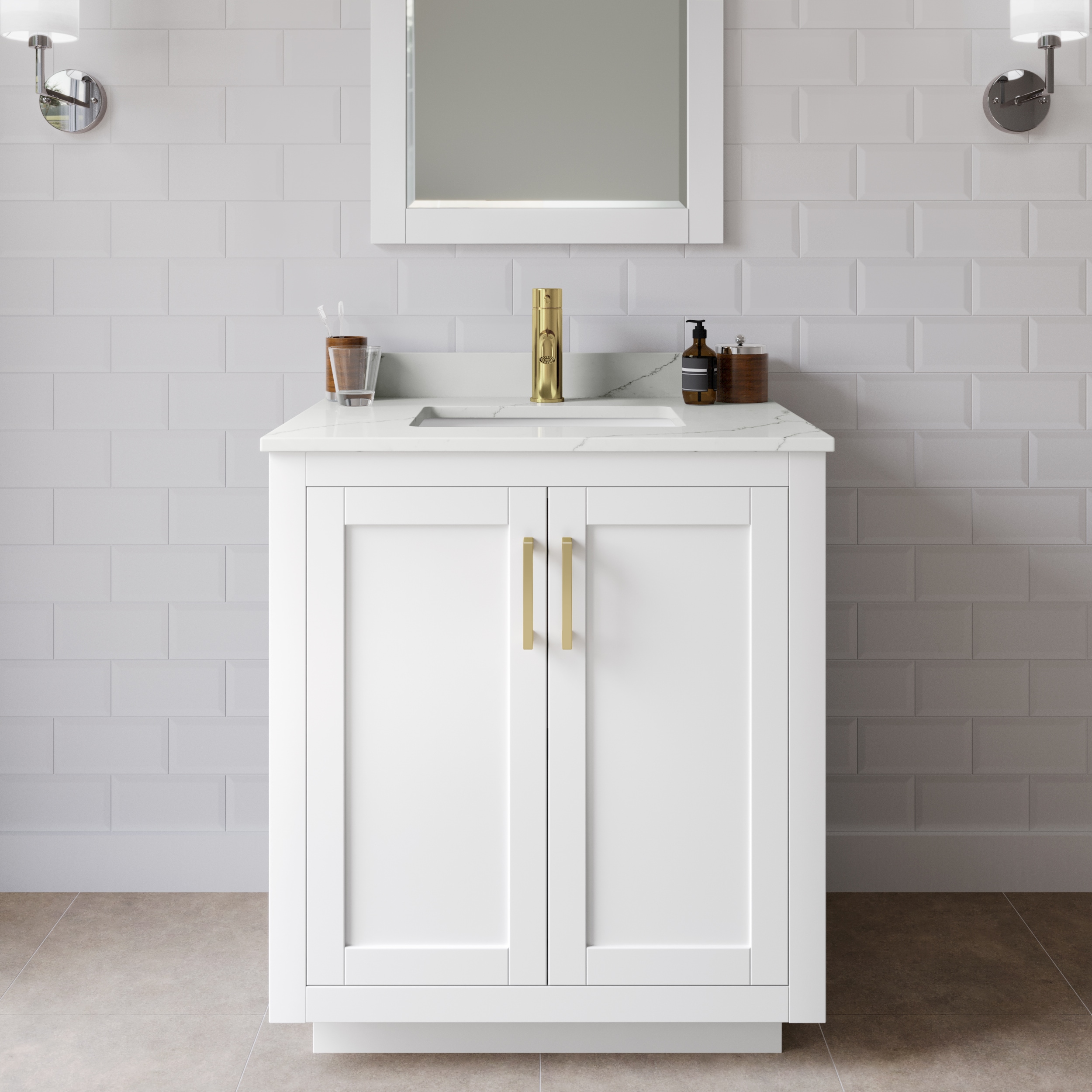 Wyndham Collection WCF292930SWGGTUNSM24 Miranda 30-in White Undermount Single Sink Bathroom Vanity with Giotto Quartz Top (Mirror Included)