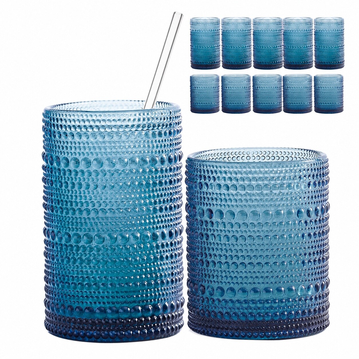 Aoibox  15 oz and 12 oz Blue Hobnail Embossed Vintage Lead Free Highball Glass Tumbler Set of 12 with Straws