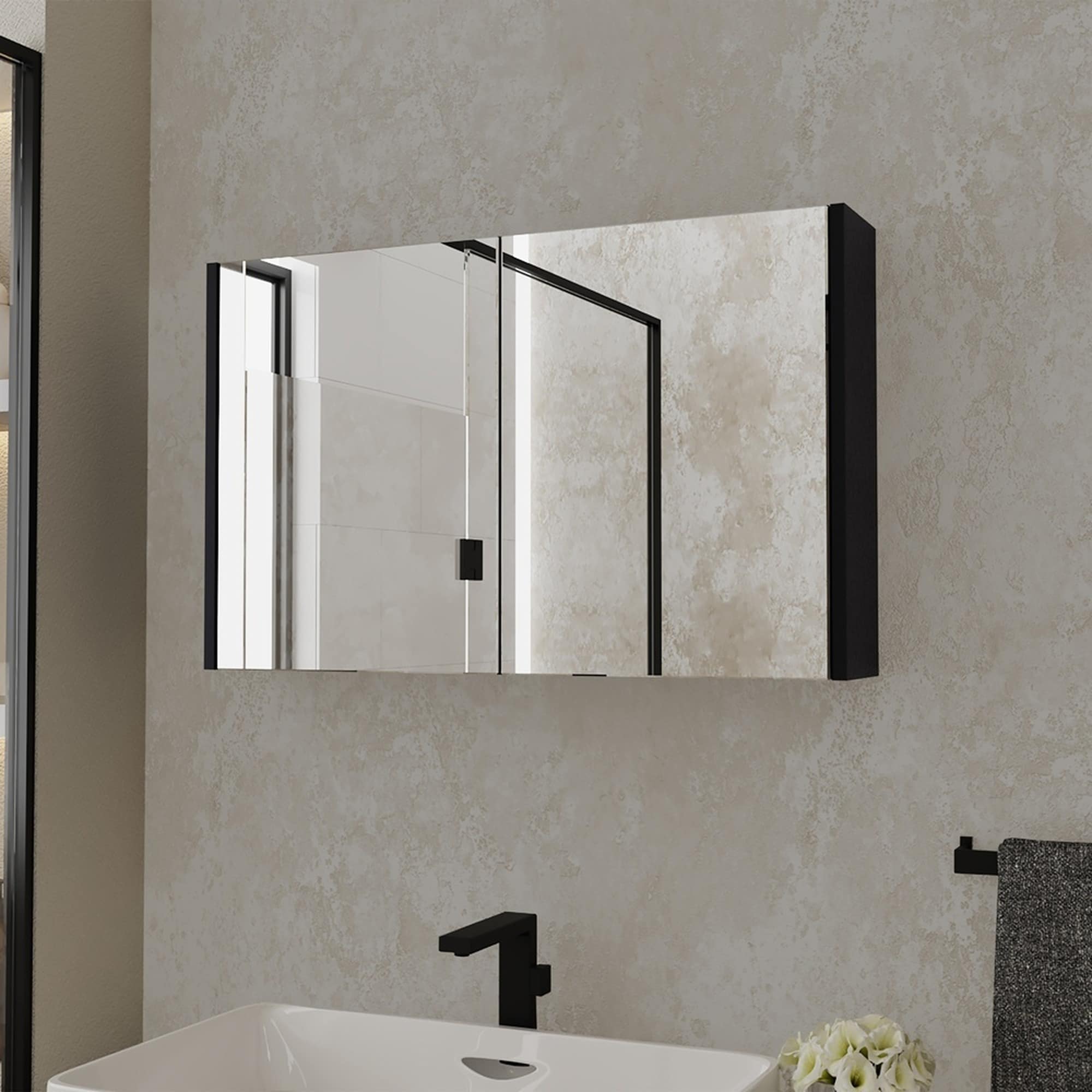 IAK 32 inch x 20 inch Black Engineered Wood Medicine Cabinet with Two Mirrored Doors