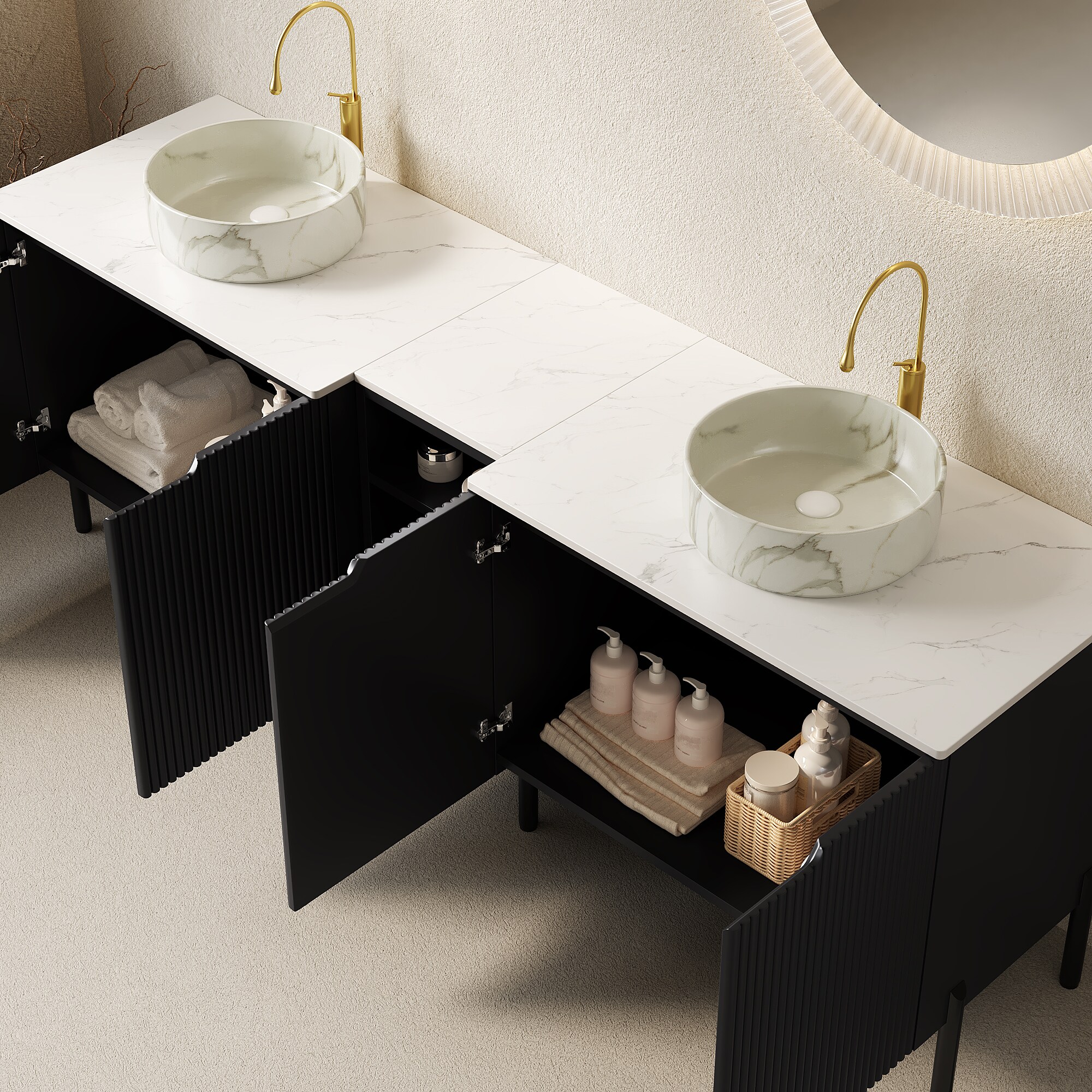 LOVMOR Black White 72-inch MDF Double Sink Bathroom Vanity Black