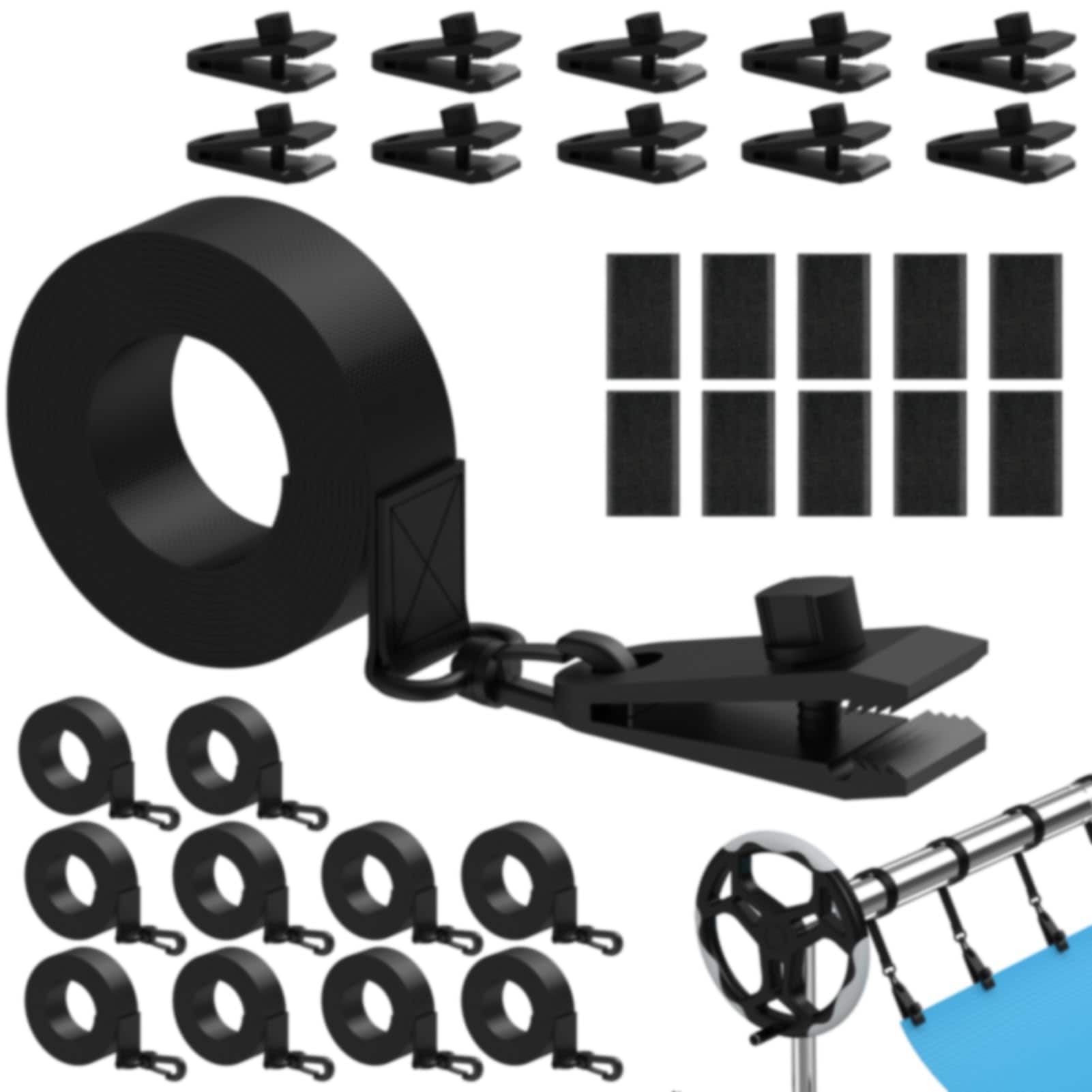 KIWDZFU  Pool Solar Cover Reel Attachment Kit with Straps Clips and Touch Fasteners for Inground Swimming Pools Black durable