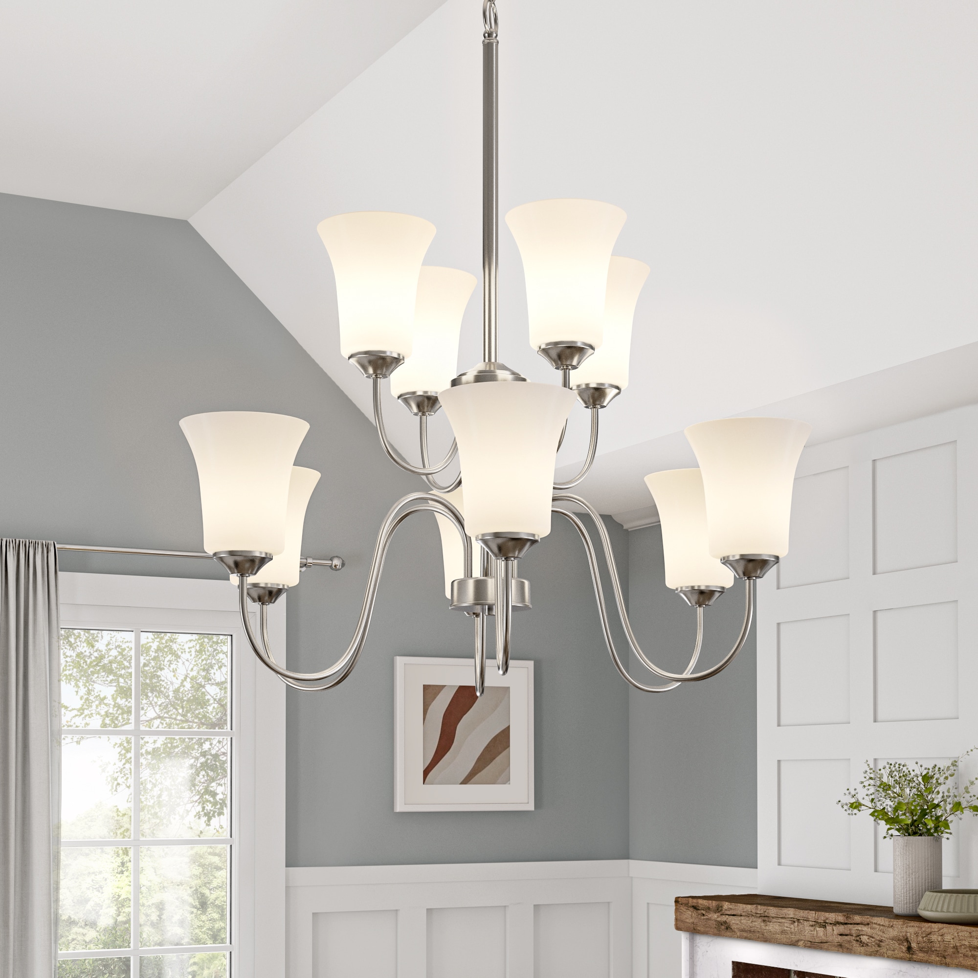 Bronson Brushed Nickel 9-Light Chandelier with Frosted Glass Shades