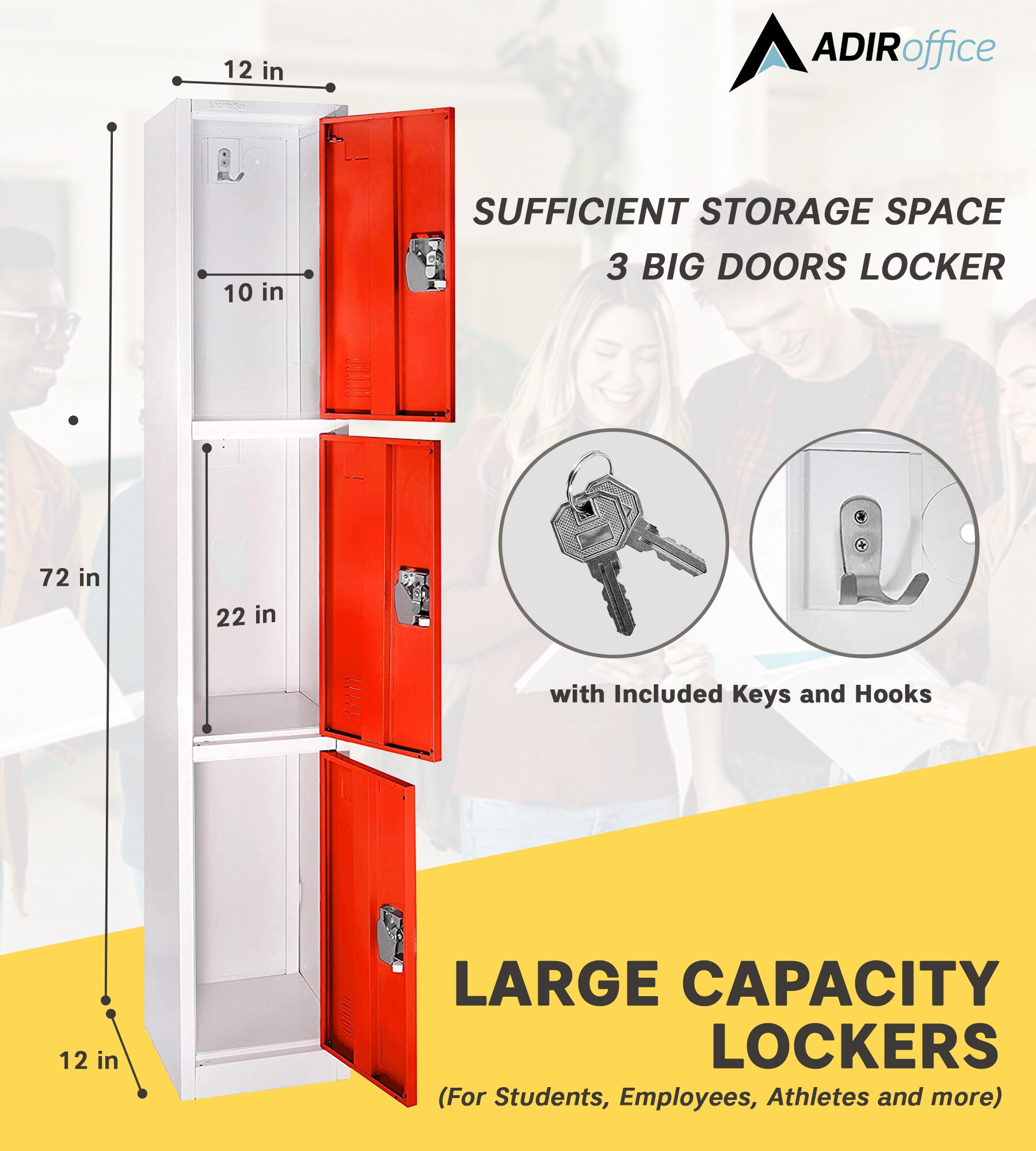 Red Steel 3-Tier Freestanding Office Locker with Adjustable Shelving