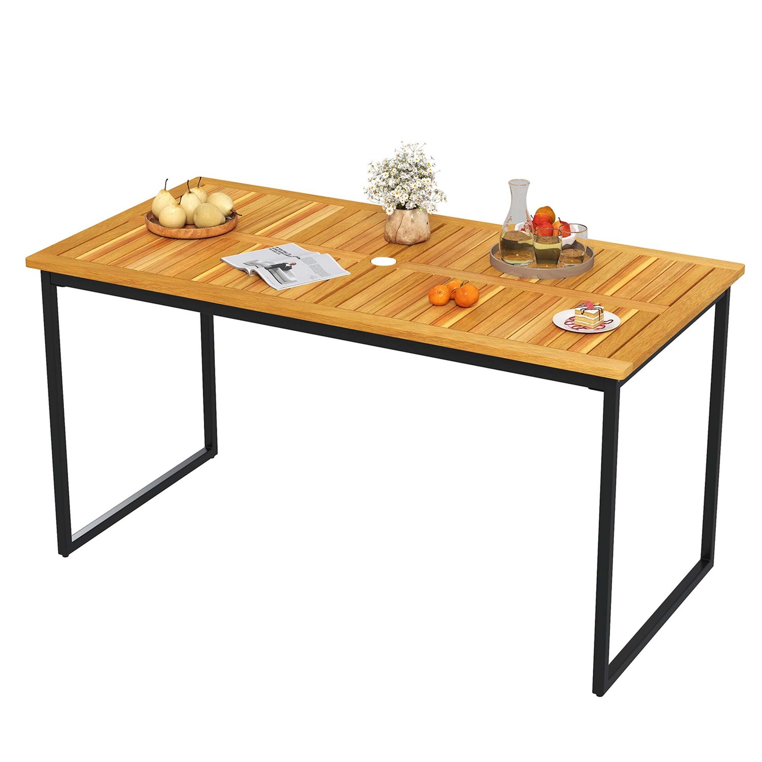 Costway HCST04171 Acacia Wood Dining Table for 6 People 55 inches Rectangle Patio Table with Umbrella Hole