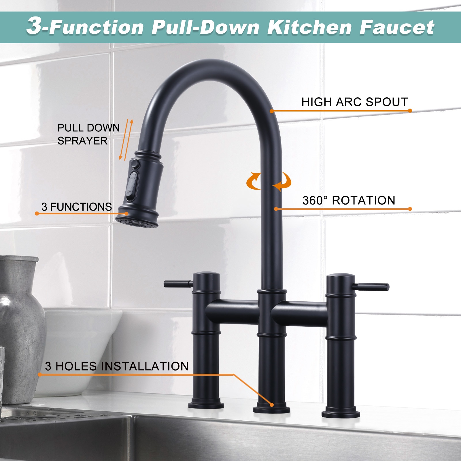 WOWOW Matte Black Double Handle Bridge Kitchen Faucet with