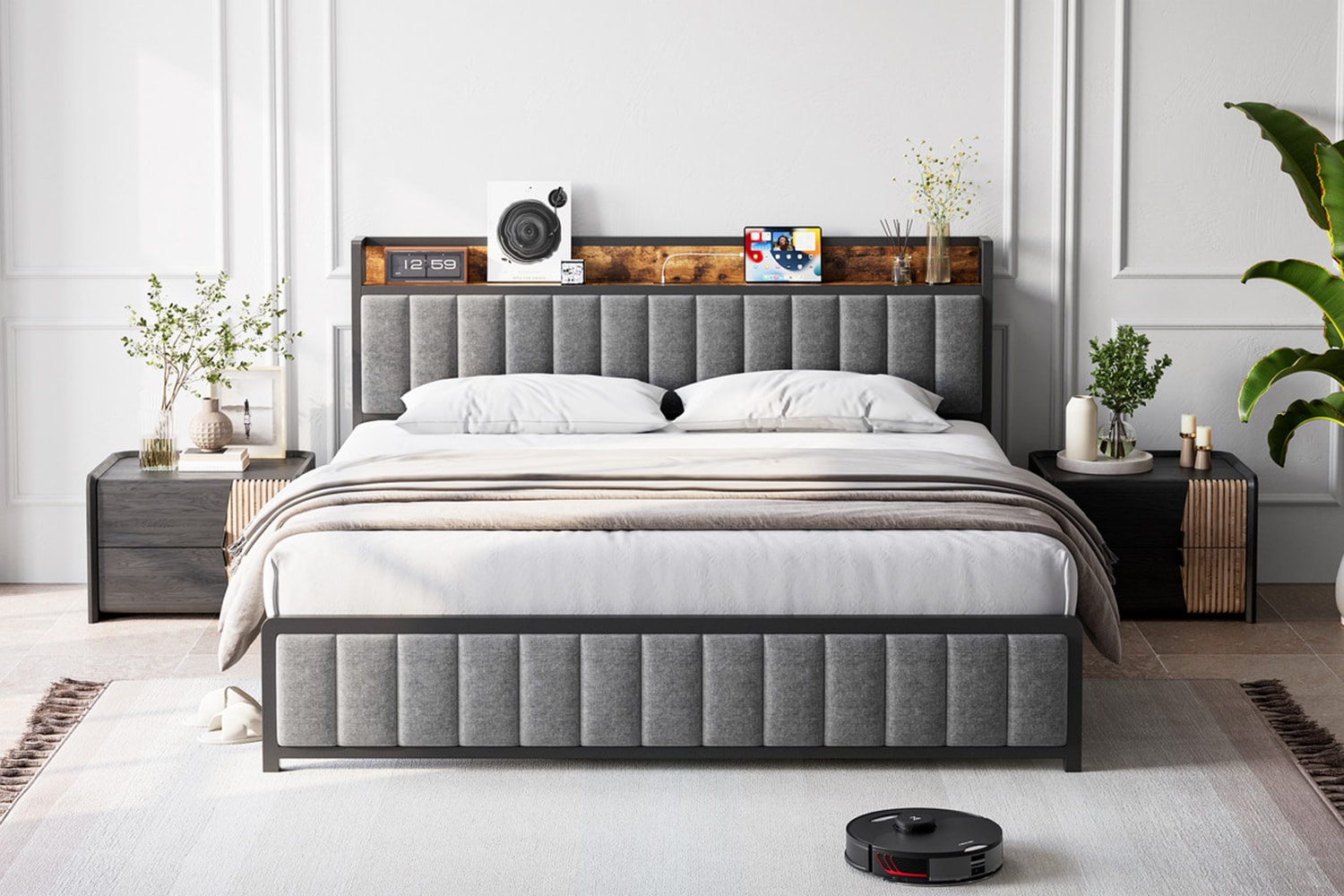 Garvee PHO-0YGPBHMY Gray Queen Metal Platform Bed with Storage