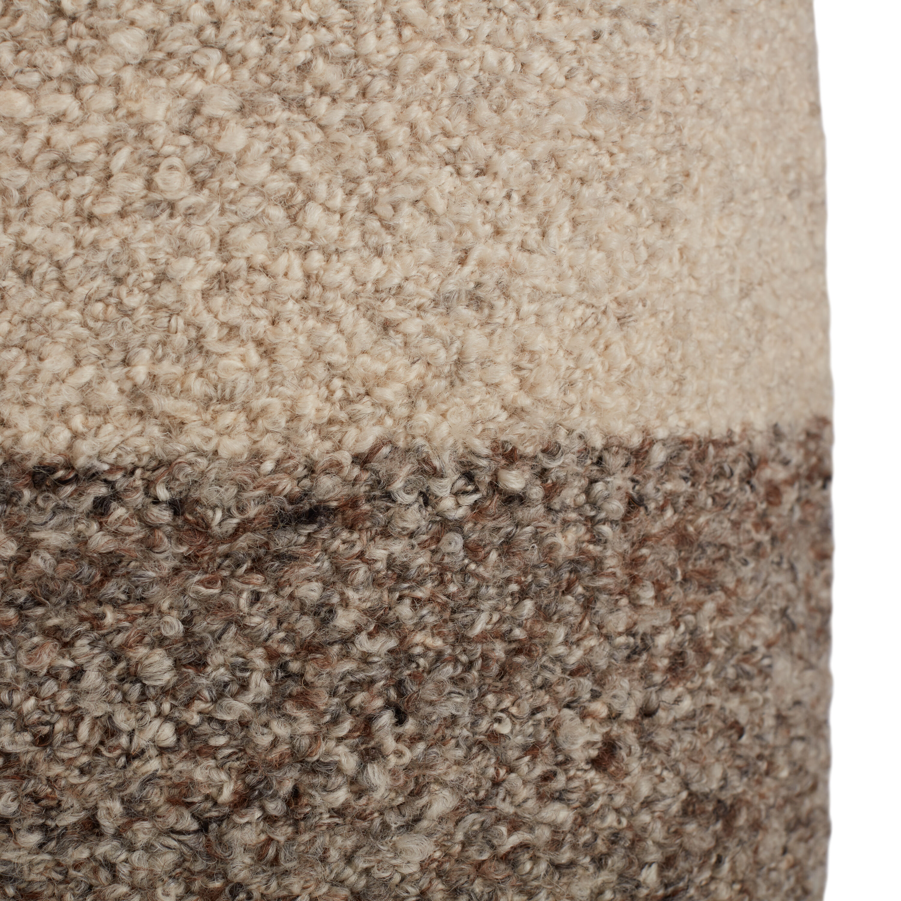Cream and Brown Wool Round Pouf with Boucle Texture