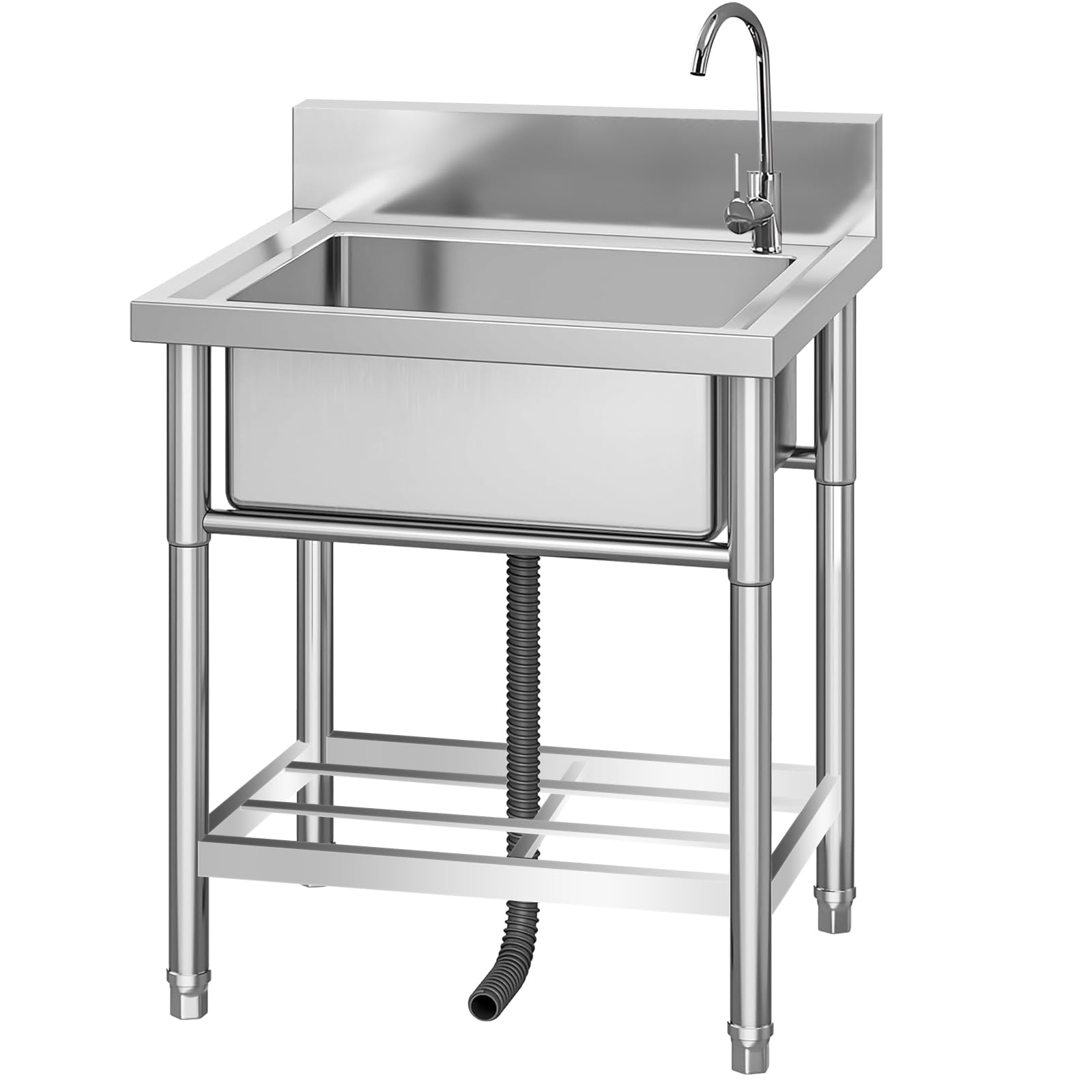 GarveeLife Single Commercial Kitchen Prep Sink Free Standing Bowl With Workbench Cold and Hot Water Pipe Faucet 24x20x41 Inch