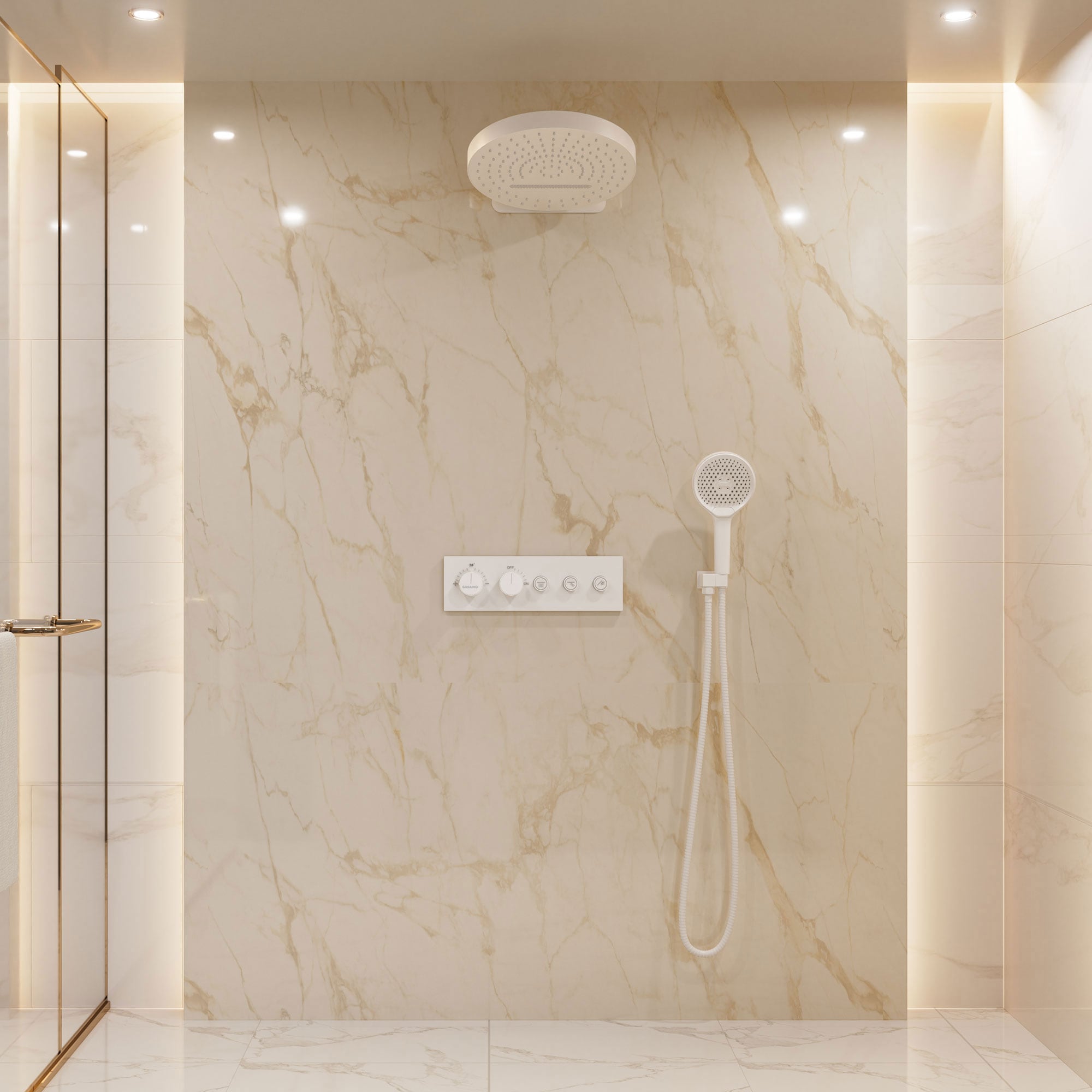 CASAINC WE-SS21BG Matte White 15.7-Inches Waterfall Built-In Shower Faucet System with 5-way Diverter ( Thermostatic Valve Included )