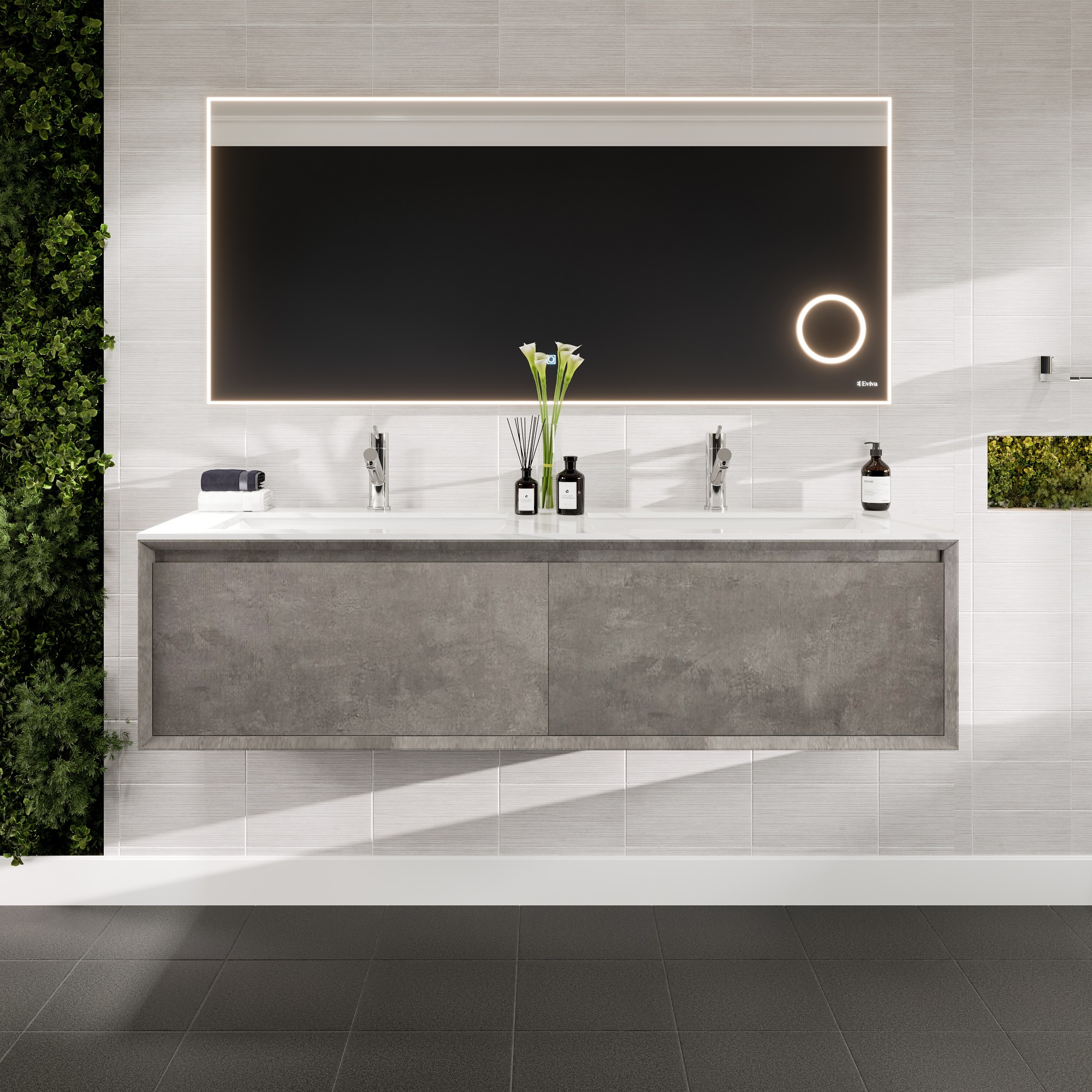 Eviva EVVN76-60CGR-DS Aurora 59.5-in Concrete Gray Undermount Double Sink Floating Bathroom Vanity with White Quartz Top