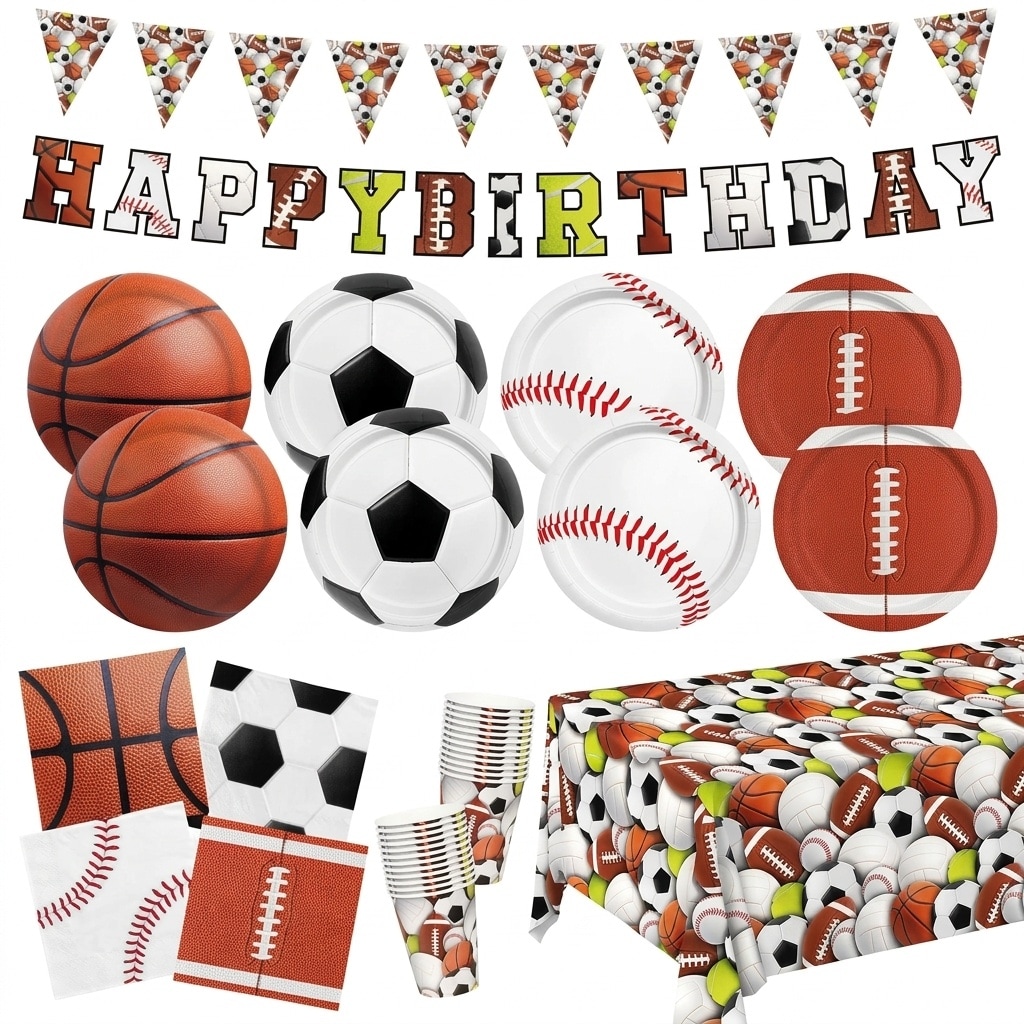 Misopily  Sports Themed Birthday Party Kit for 24 Includes Banner Tablecloth Cups Plates Napkins Boys Sports Theme Party Decorations Set