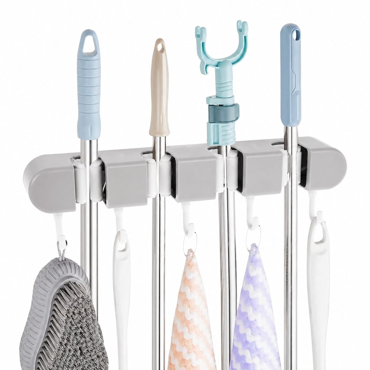 AKSCYZM  Wall Mount Broom Holder Set with Hooks No Drilling Mop and Broom Storage Rack for Bathroom Kitchen Closet Garage Grey