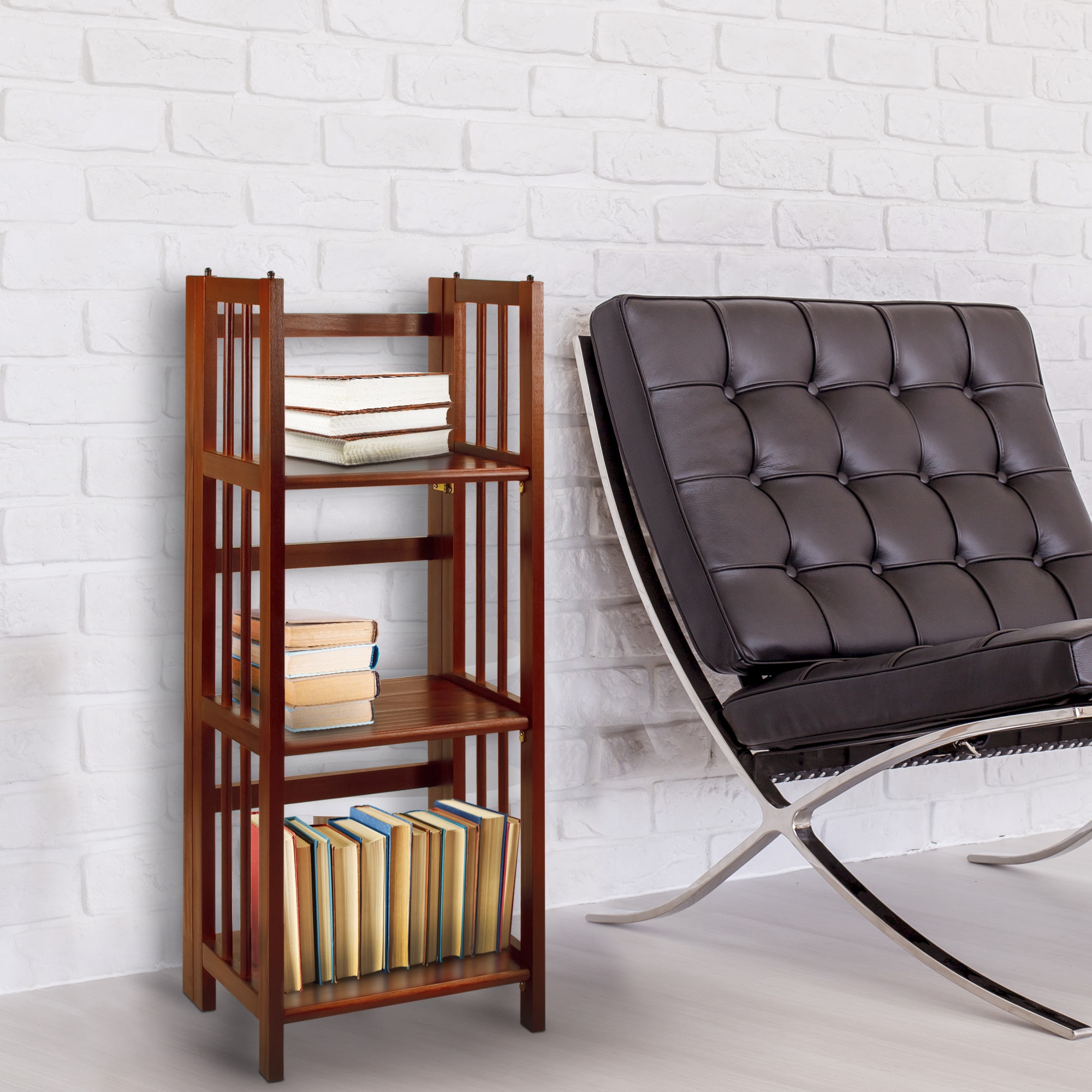 Walnut Finish 3-Shelf Solid Wood Stackable Folding Bookcase