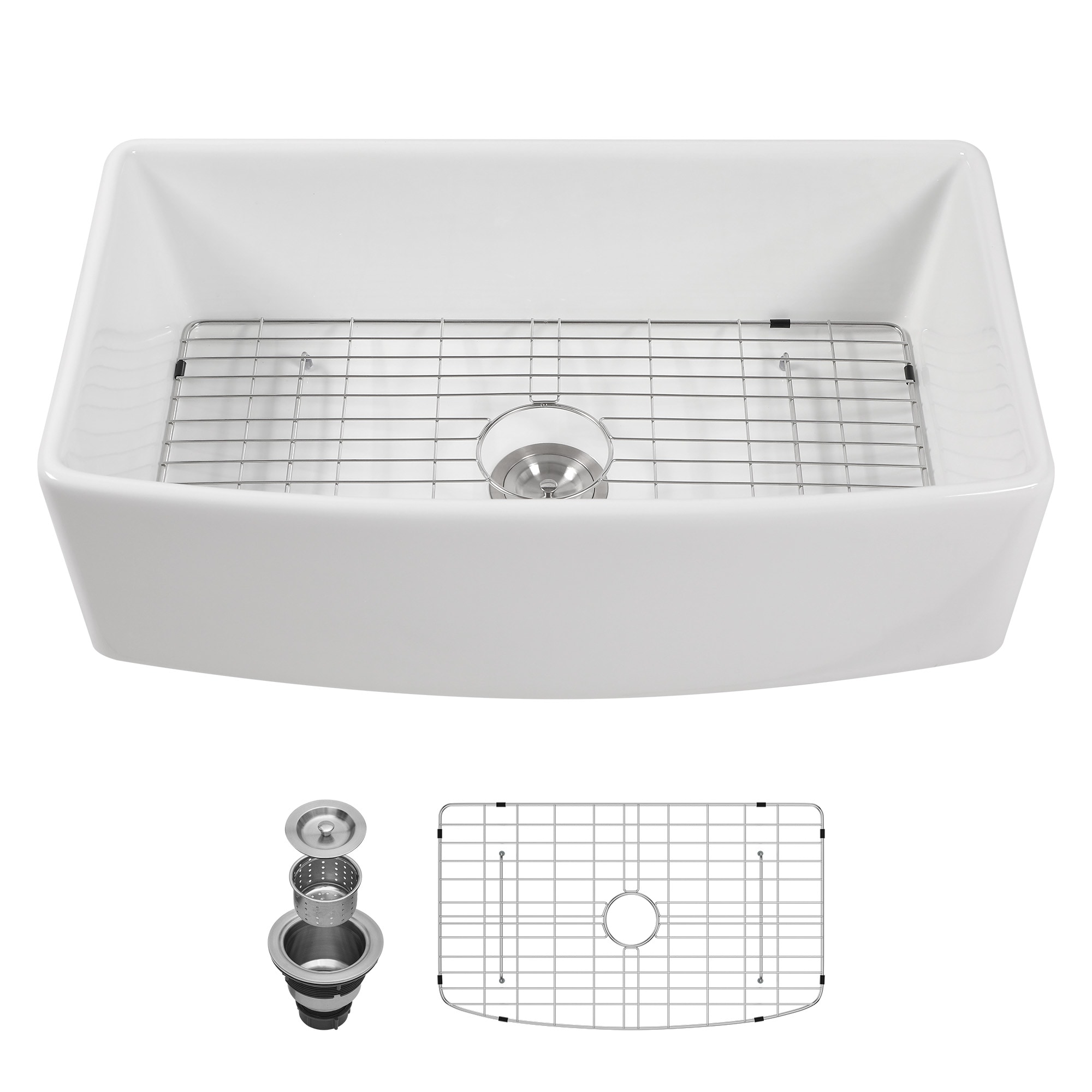 Lordear 33-in x 19-in Modern Glossy White Ceramic Farmhouse Apron Front Single Bowl Kitchen Sink with Bottom Grid and Basket Strainer
