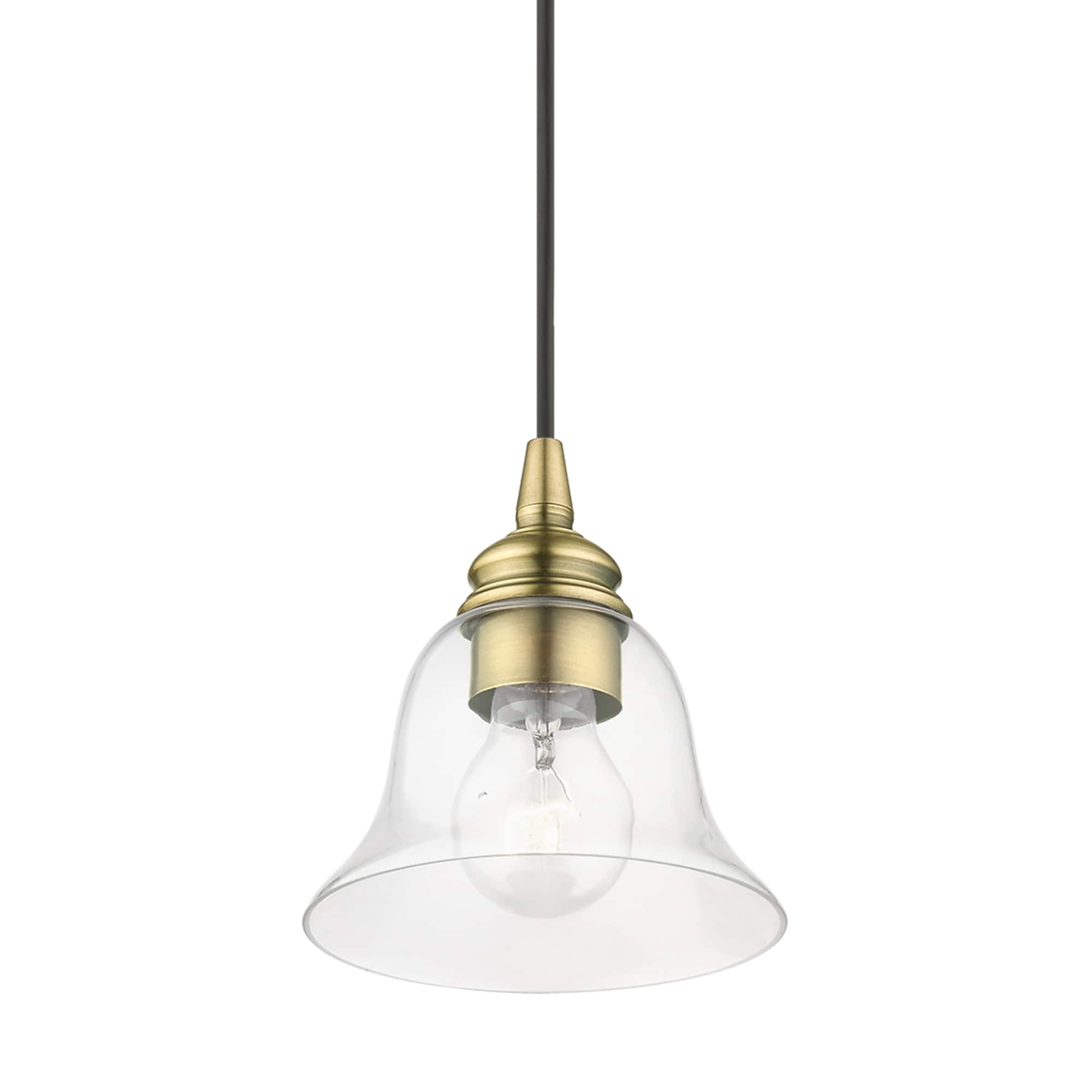 Transitional Hand-Blown Clear Glass Pendant in Antique Brass