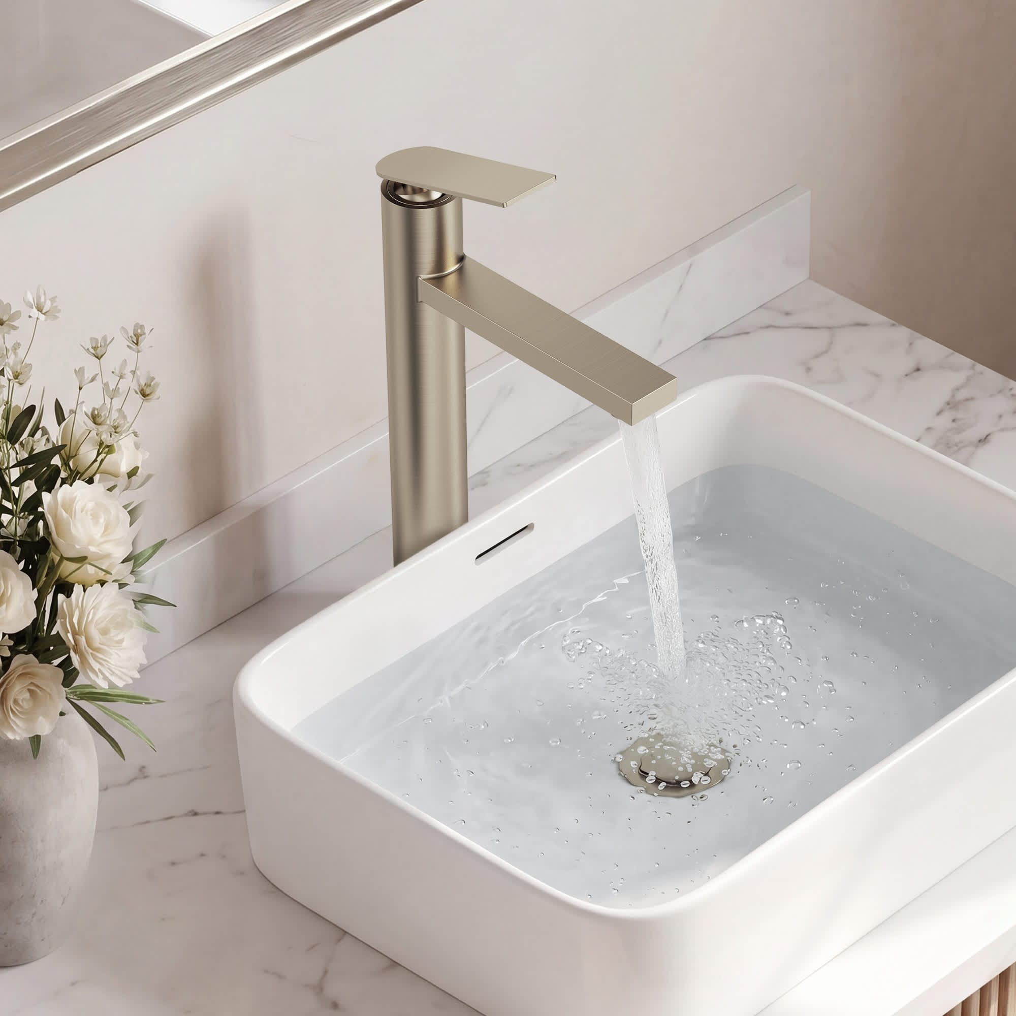EVERSTEIN Vessel Single Hole Bathroom Sink Faucet with Drain Assembly Tall Single Handle Solid Brass PVD Finish Bathroom Faucet with Supply Lines in Brushed Nickel 1.2 GPM