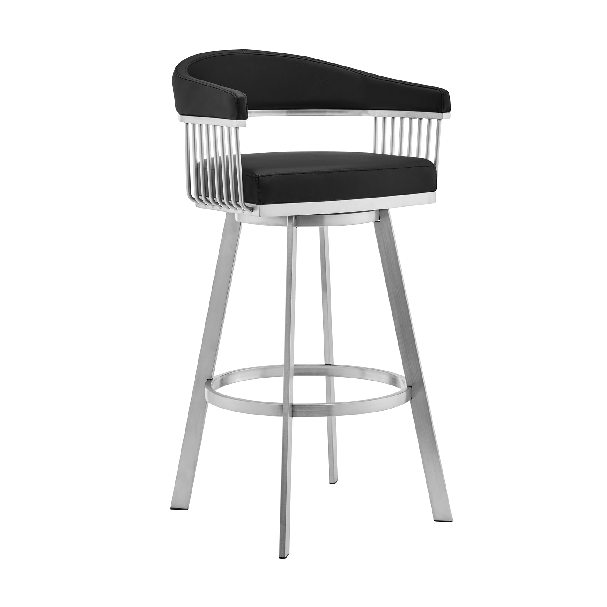 Armen Living LCCSBABSBL30 Brushed Stainless Steel 29.0-in H Bar height Bucket seat Upholstered Swivel Metal Bar Stool with Arms