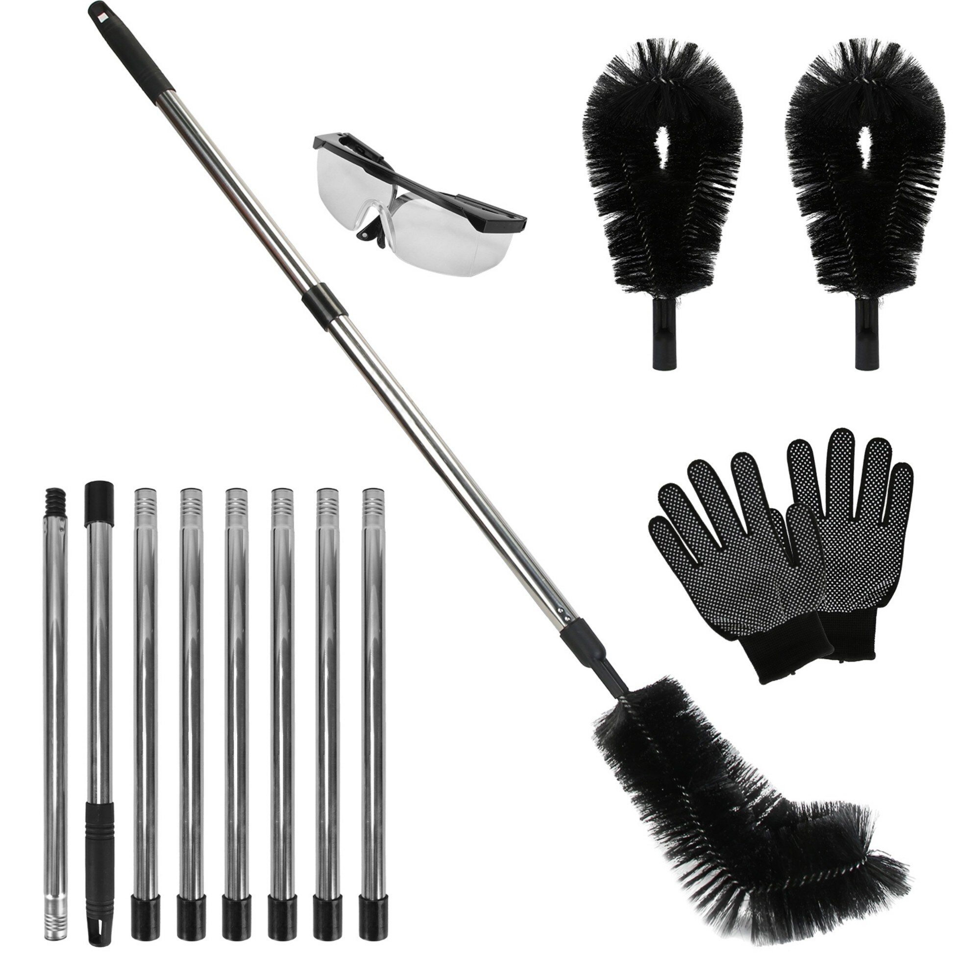 Numhew - 137.4in L 2-Brush Black Silver Adjustable Gutter Cleaning Brush With Telescoping Handle