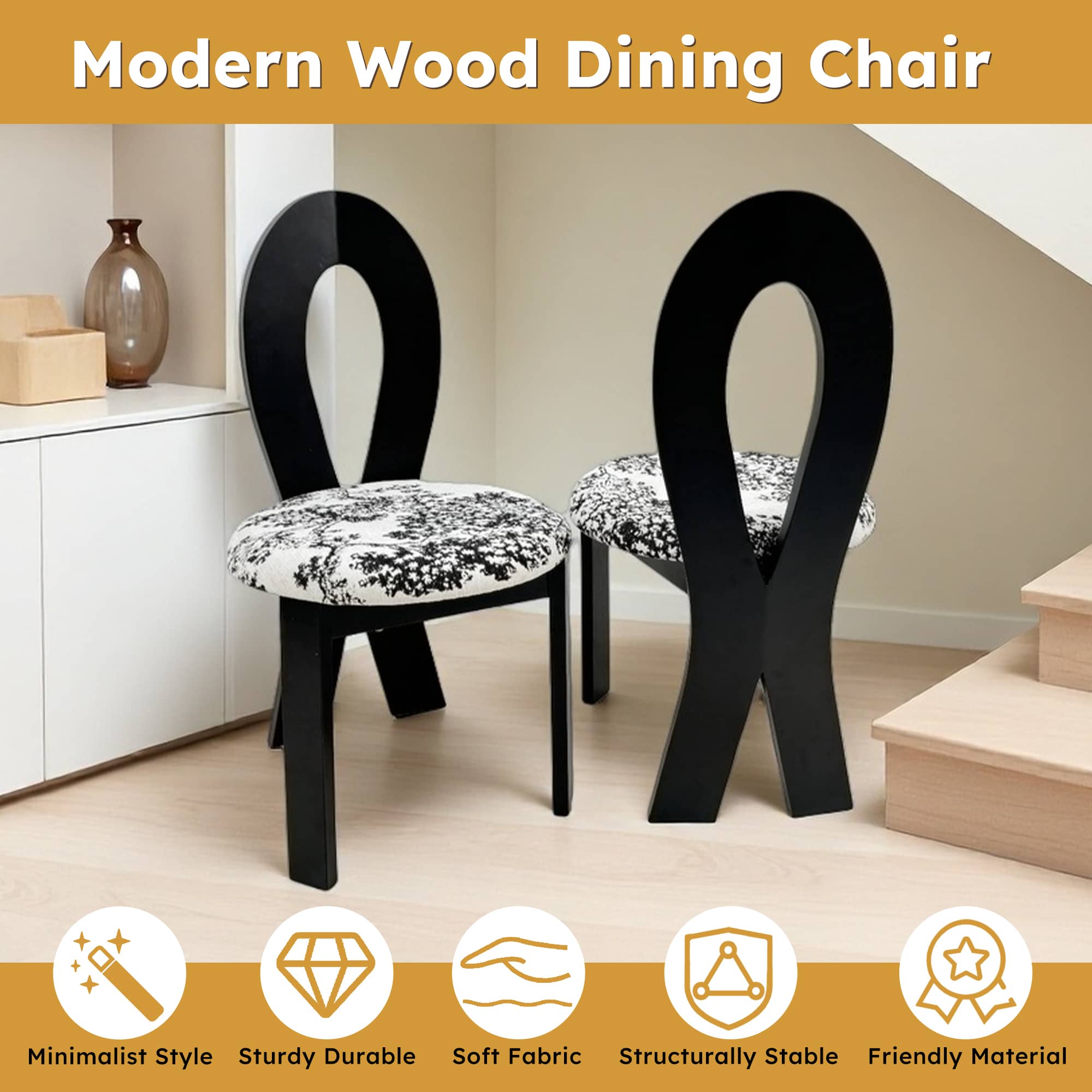 Vynxaria Dining Chairs Set of 2 Black Key Design Solid Walnut Linen ...
