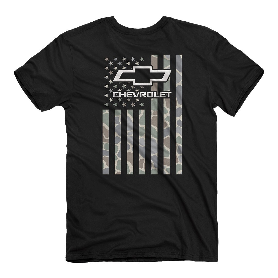 JEDCo The Chevrolet - USA Camo T-Shirt combines style and durability, featuring a camo pattern with the Chevrolet logo on the back and on the front left chest.