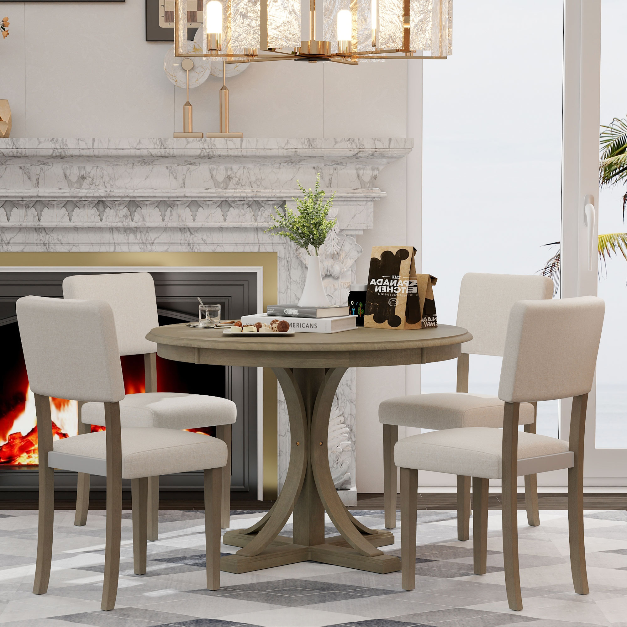 ModernLuxe ST000079AAD 5Piece Retro Round Dining Table Set with Curved Trestle Style Table Legs and 4 Upholstered Chairs for Dining Room Taupe