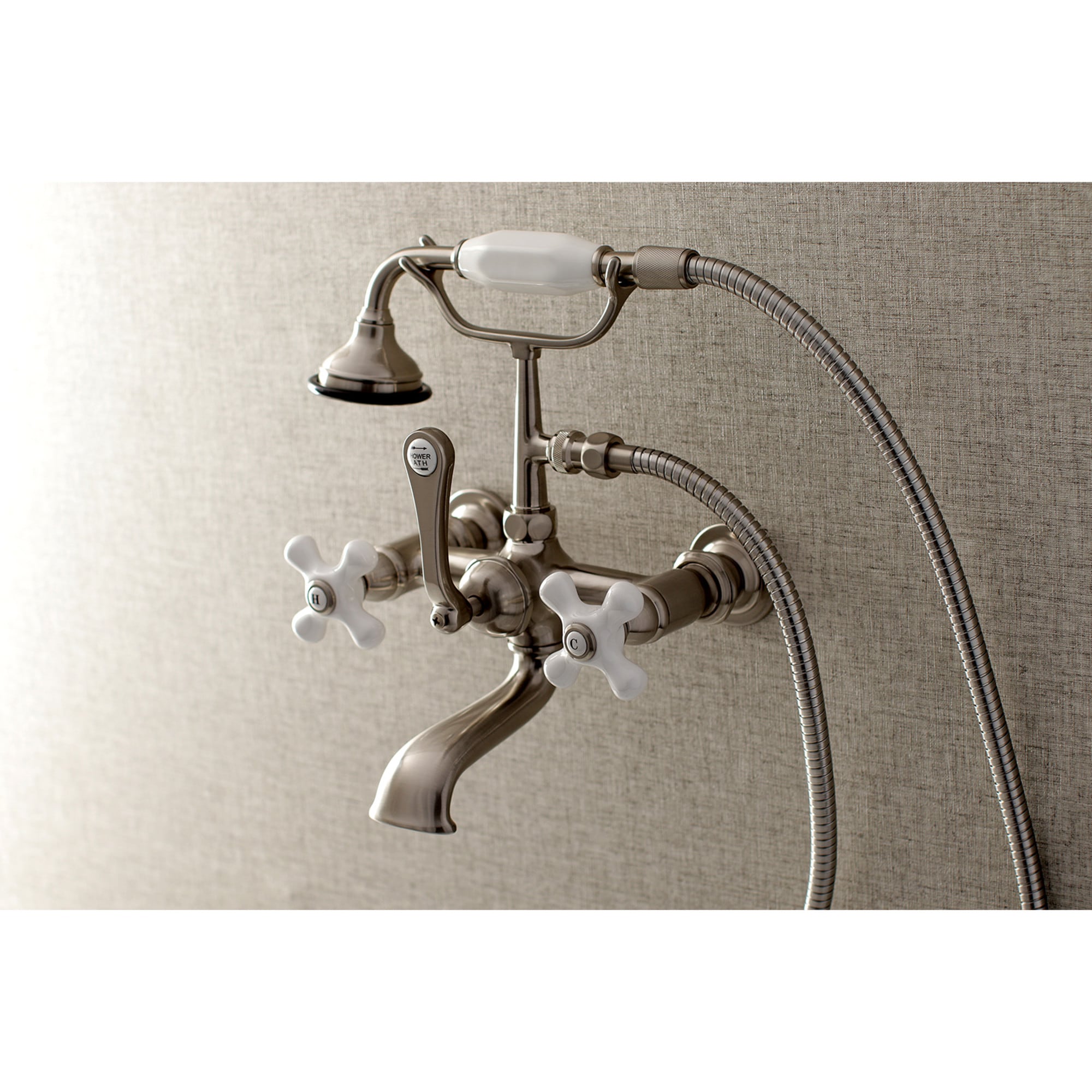 Kingston Brass WLAE559T8 Vintage Brushed nickel 3-handle Wall-mount Low-arc Bathtub Faucet with Hand Shower ( Valve Included )