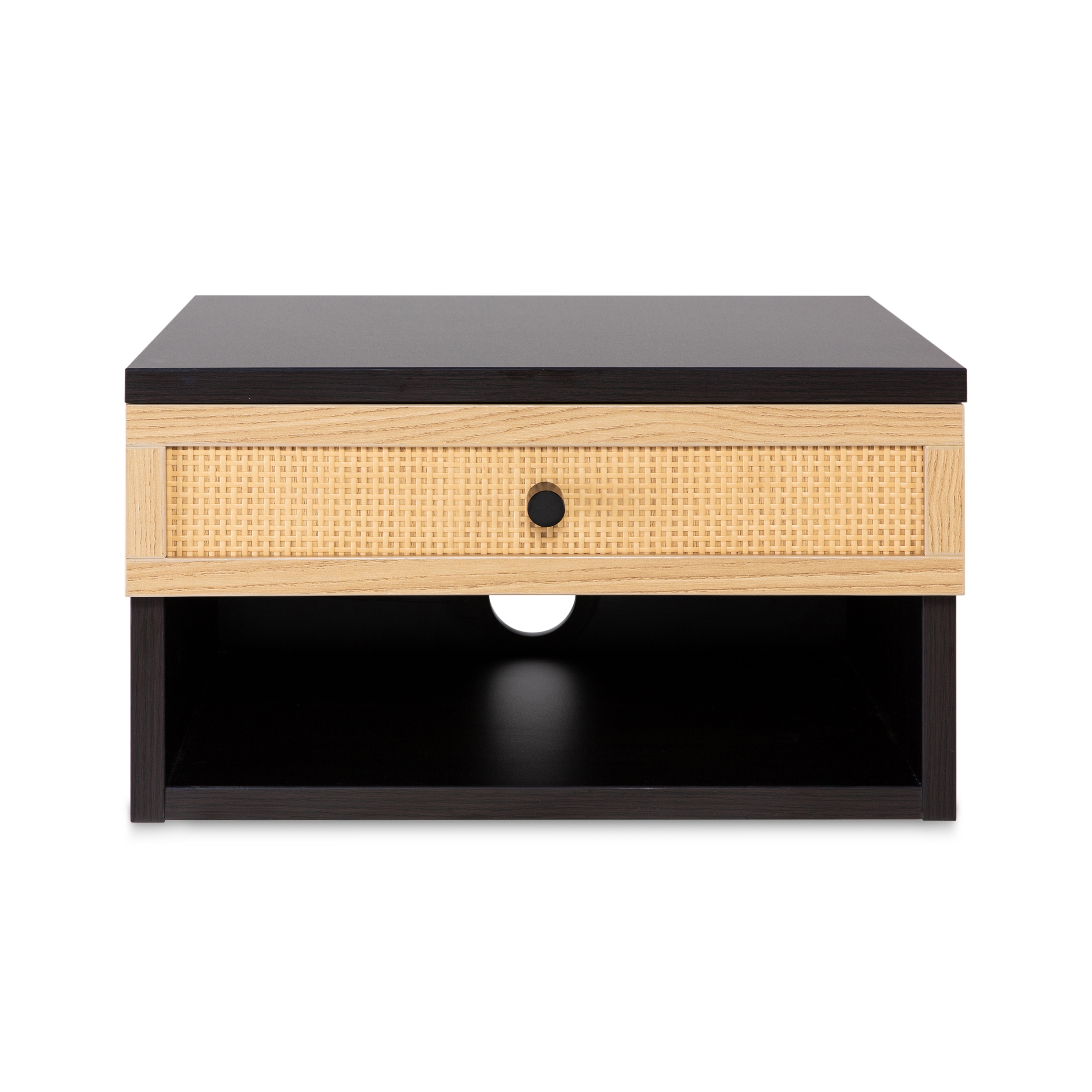 Celerie Black and Light Oak Floating Nightstand with Rattan Drawer