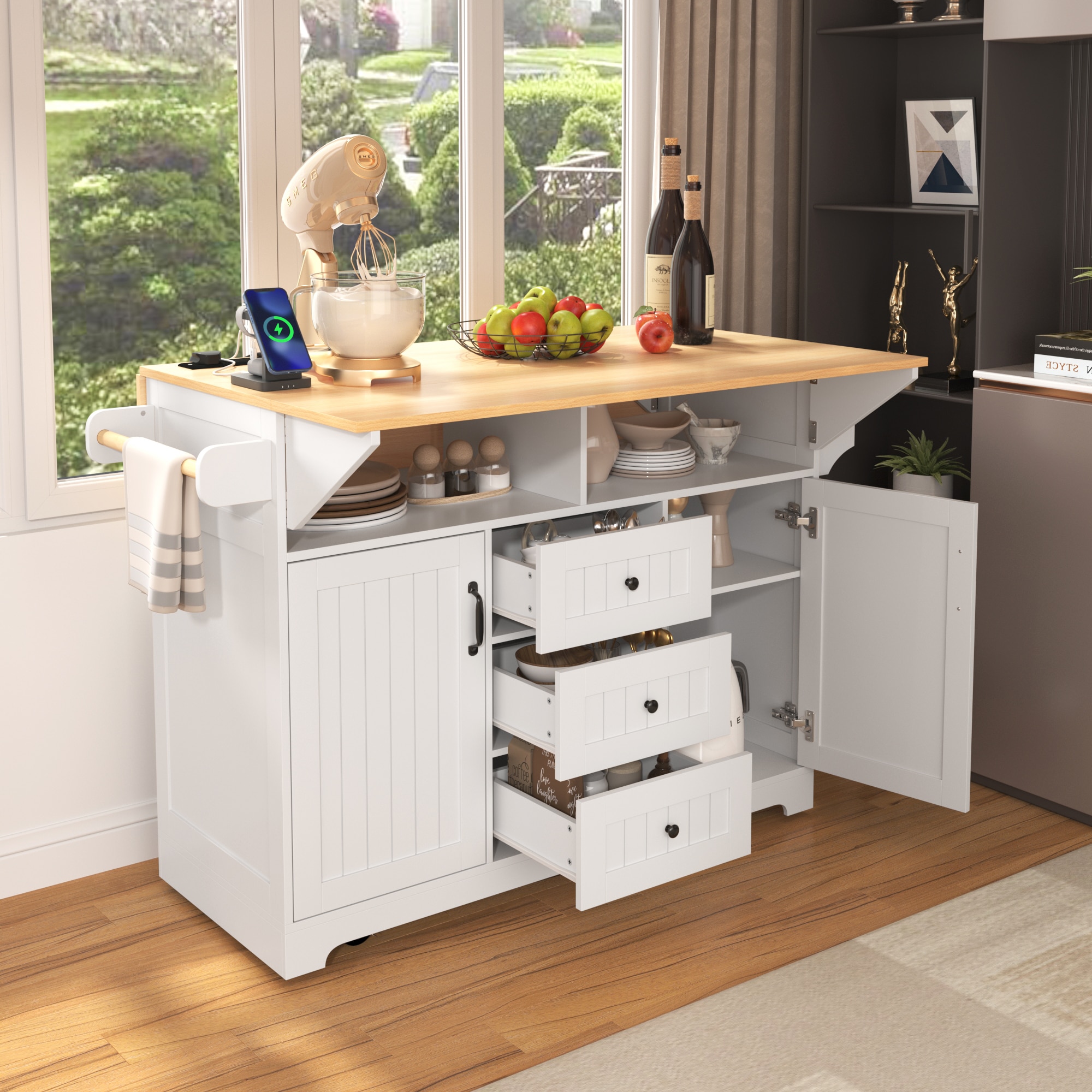 Xspracer ML-KI617W White MDF Base with Wood Wood Top Rolling Kitchen Island ( 34-in x 56-in x 37-in )