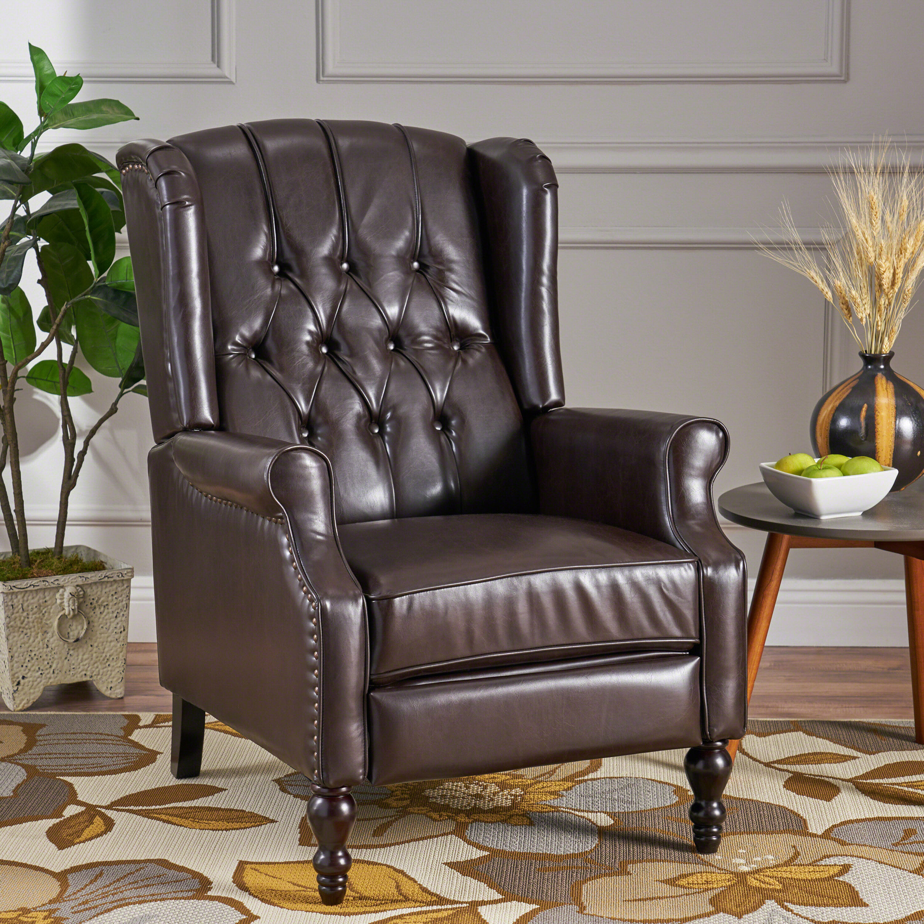 Brown Tufted Leather Wingback Recliner with Wood Legs