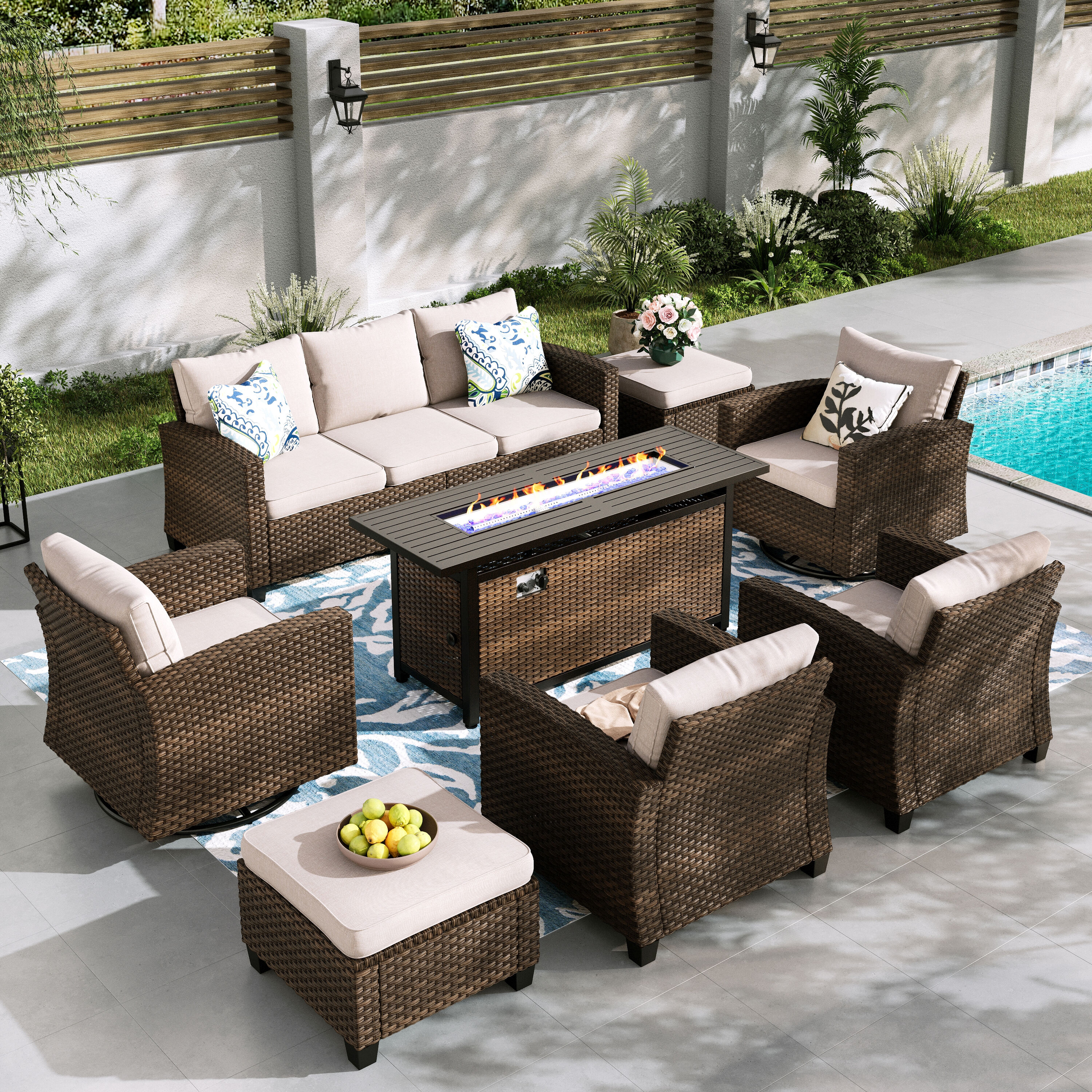 Sunshine Valley CR007-17-9-BE-GS103 Patio Furniture Set with Fire Pit 8 -Piece Wicker Patio Sofa Conversation Set with Tan CUSHION PRO Cushions