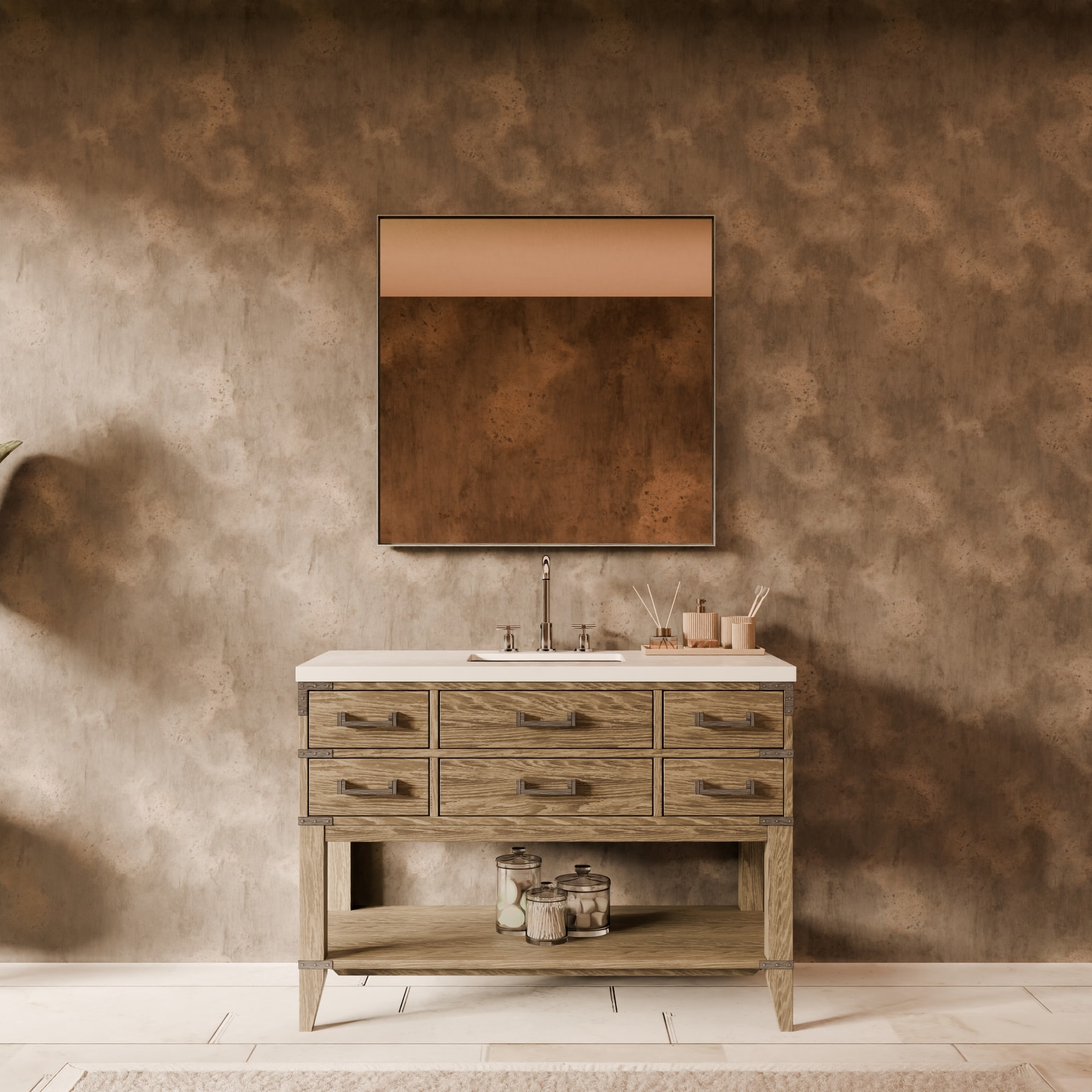 Lexora LVGR48SR201 Greenberg 48-in Grey Oak Undermount Single Sink Bathroom Vanity with White Quartz Top (Faucet Included)