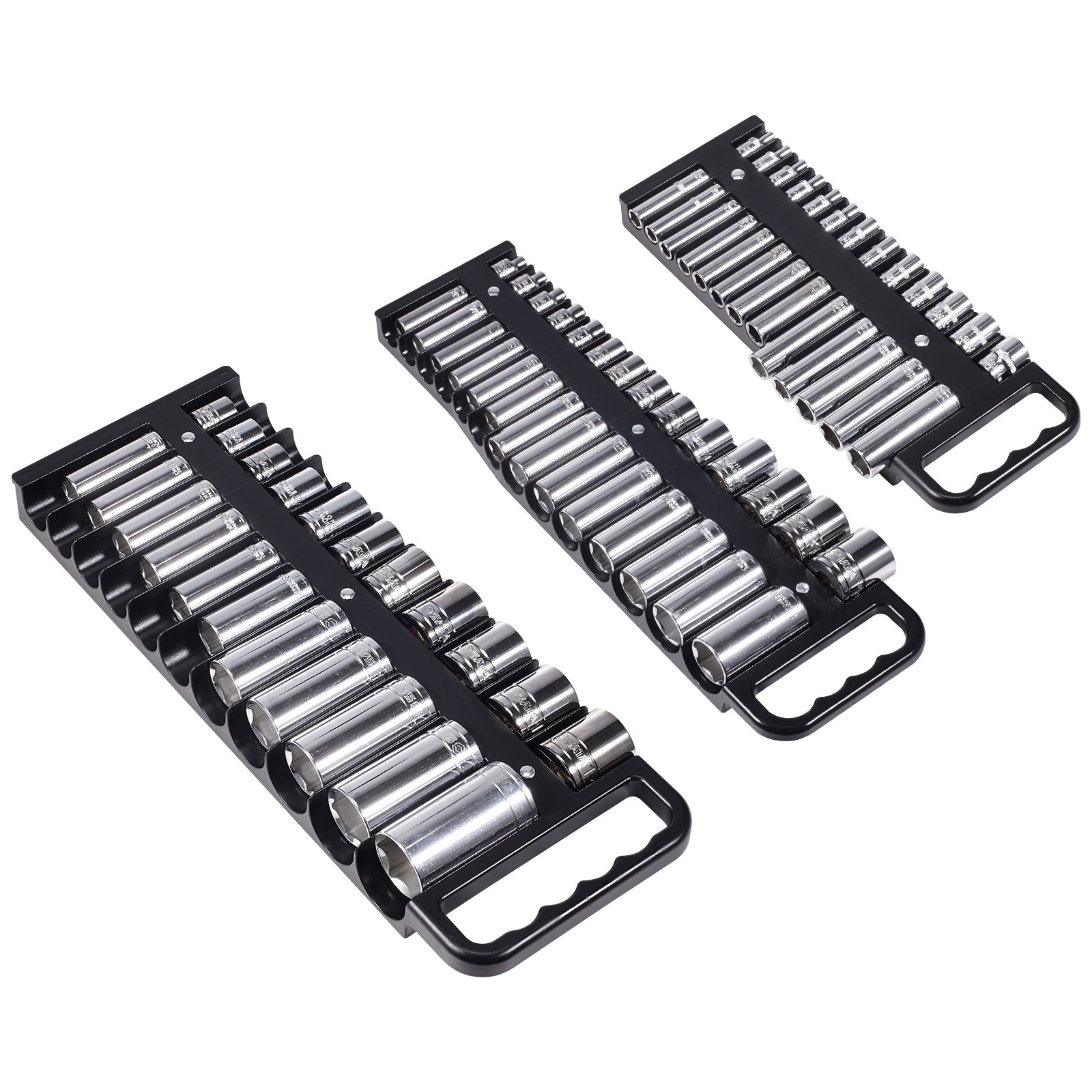 GIVIMO Portable Socket Organizer Tray 3-Piece Set for 1/4-in 3/8-in and 1/2-in Drives Magnetic Base ABS with Handle Holds 76 Sockets
